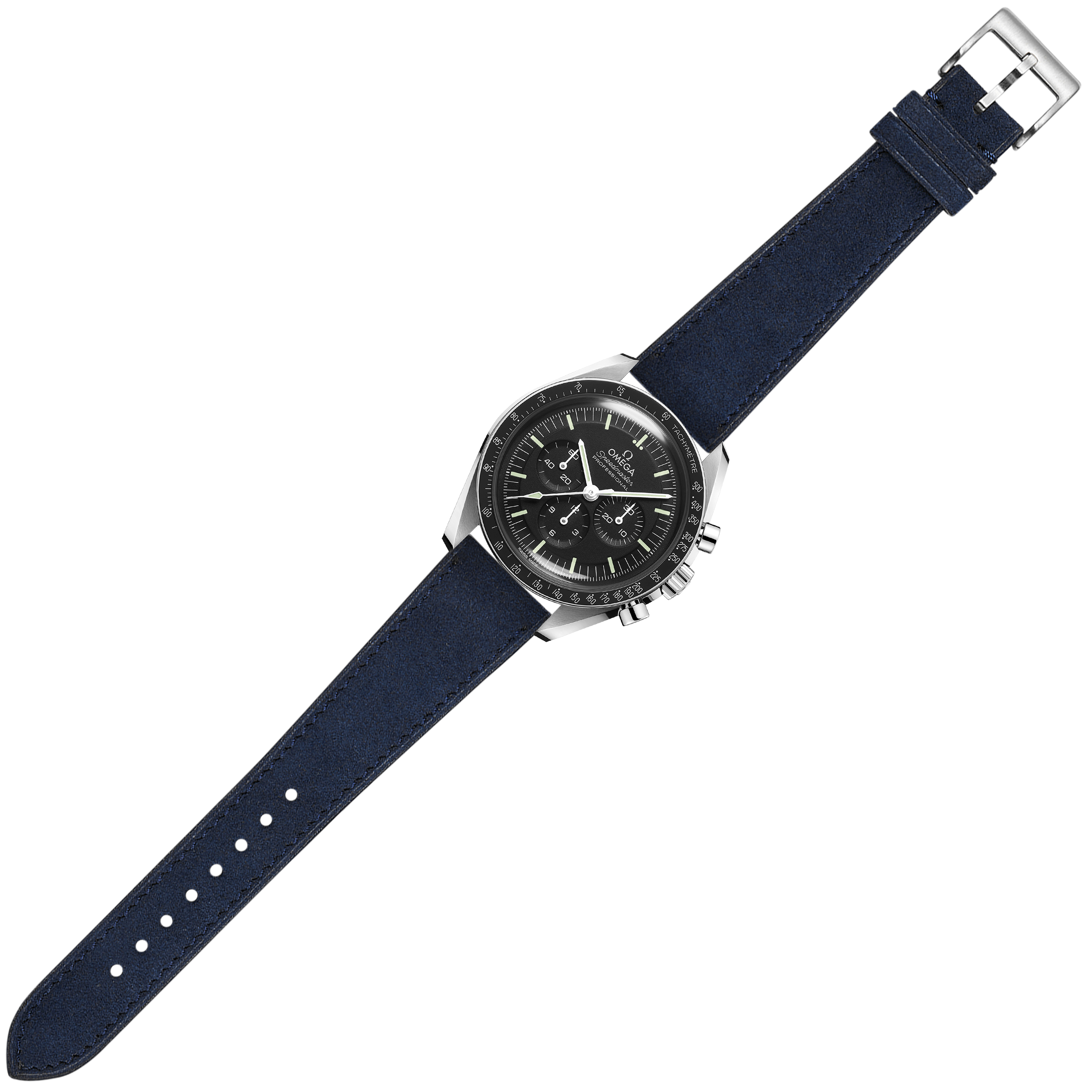 Navy blue Alcantara leather watch strap with quick release buckle and stainless steel hardware