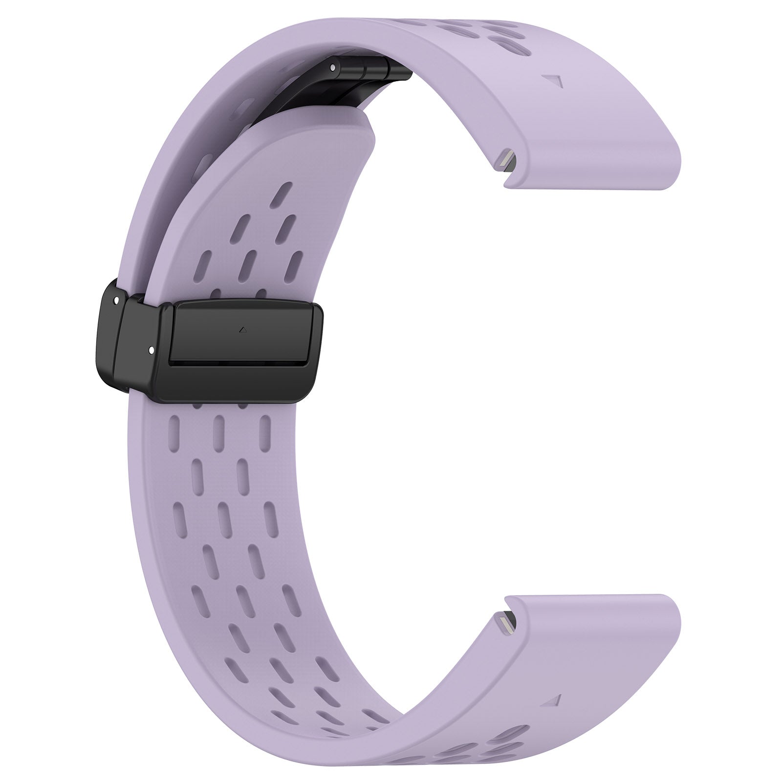 Lavender silicone sport watch band with perforated design and magnetic black clasp closure