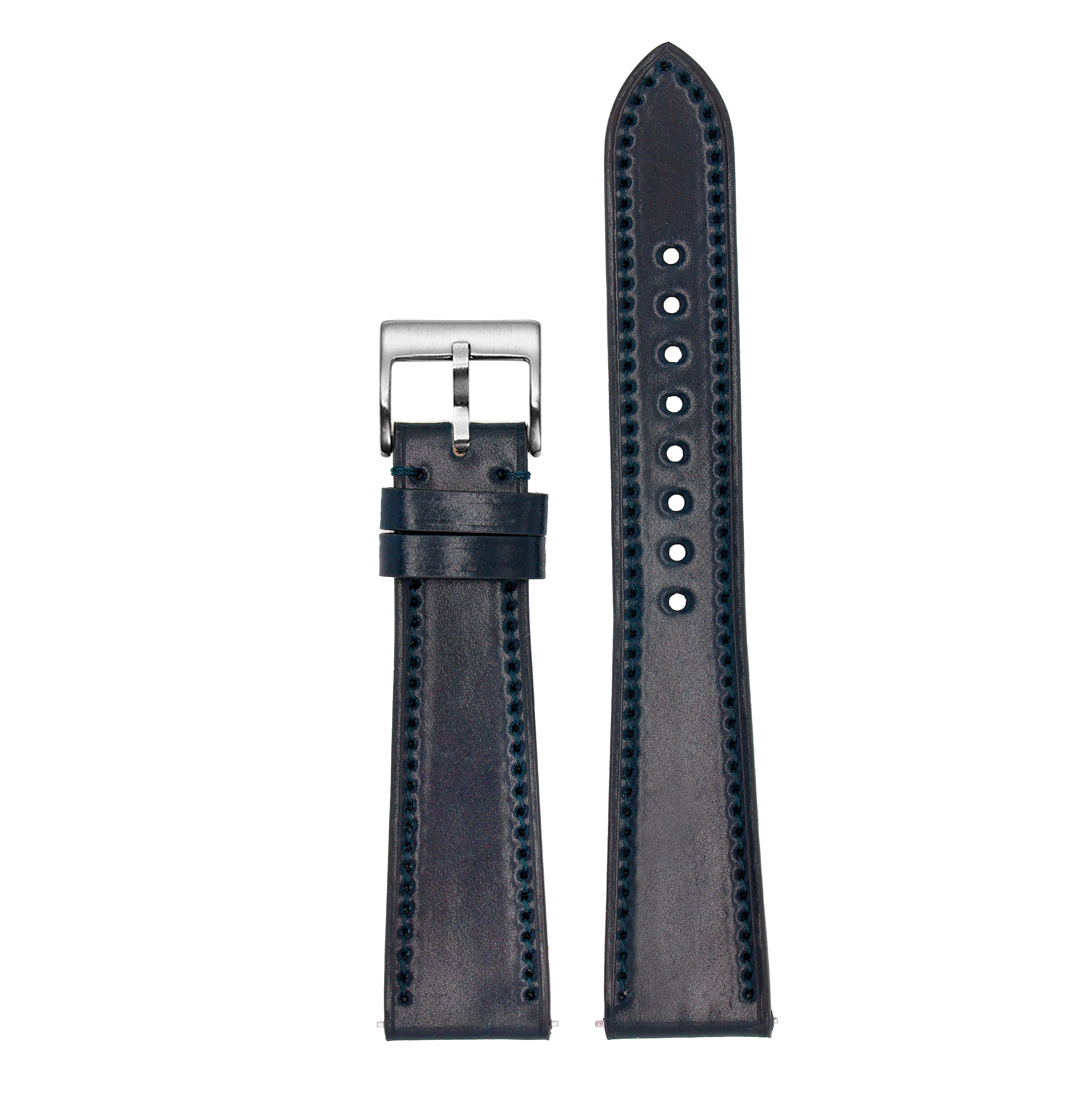 Horween Shell Cordovan navy blue leather watch strap with quick fit spring bars and stainless steel buckle