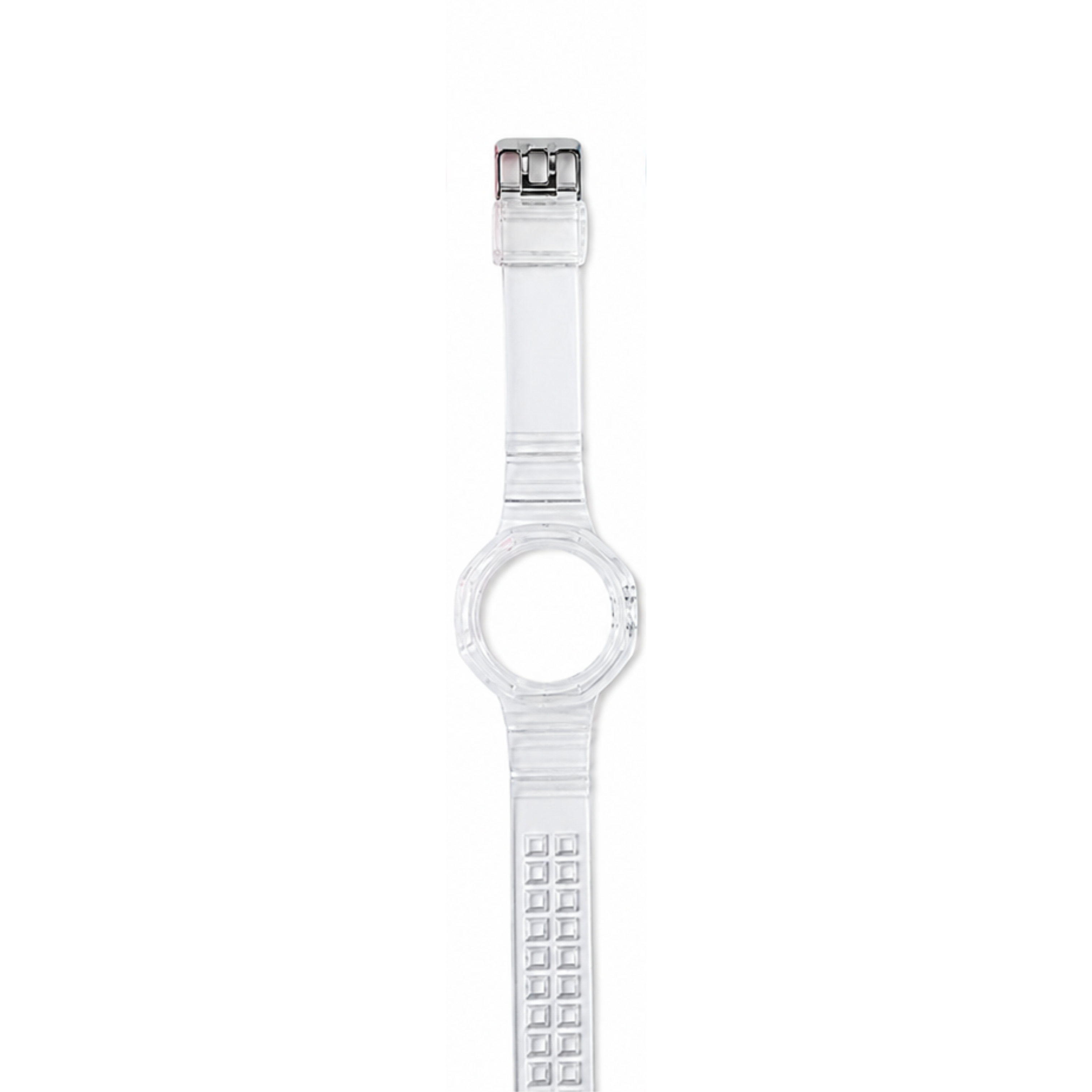 Transparent white watch strap with textured band and stainless steel buckle for Swatch timepiece