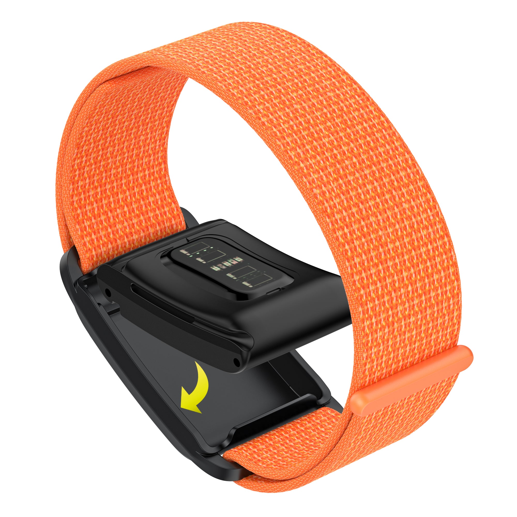 Whoop 4 fitness tracker with bright orange sports loop band and black device displaying health metrics