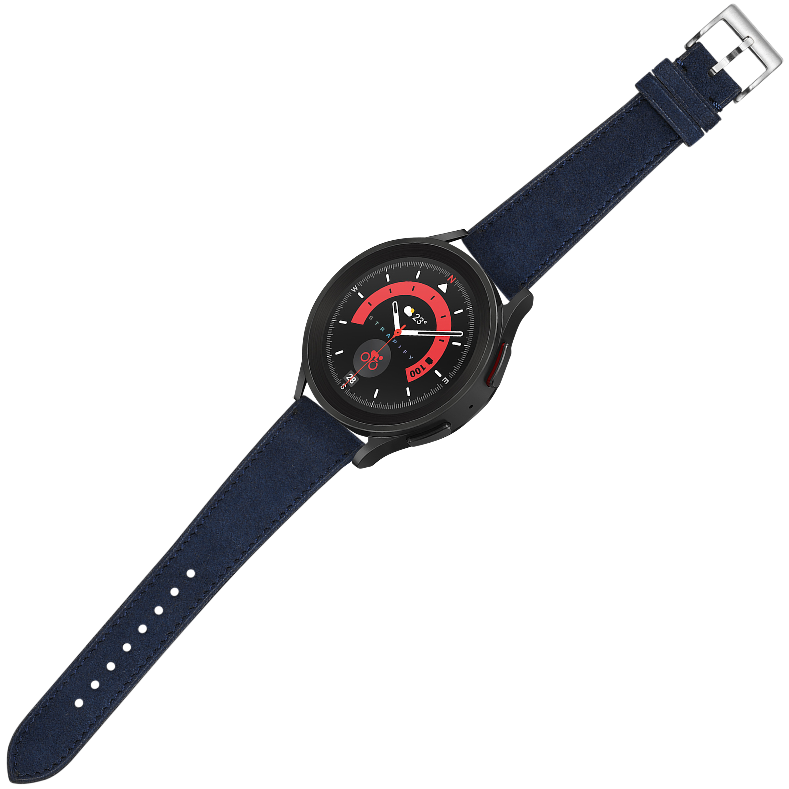 Black watch with red dial and navy blue Alcantara leather quick release strap
