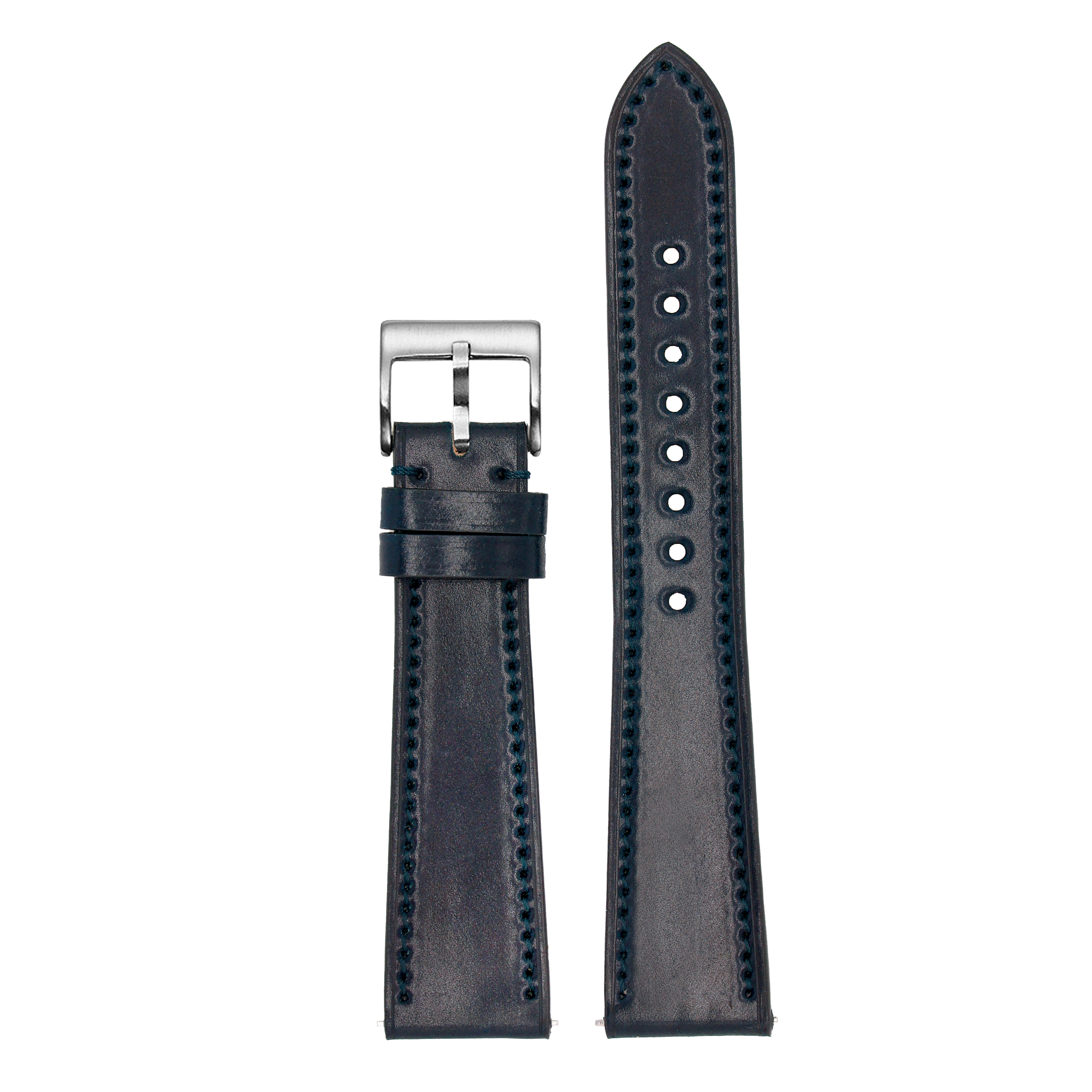 Navy blue Horween Shell Cordovan quick release watch strap with steel buckle and contrast stitching