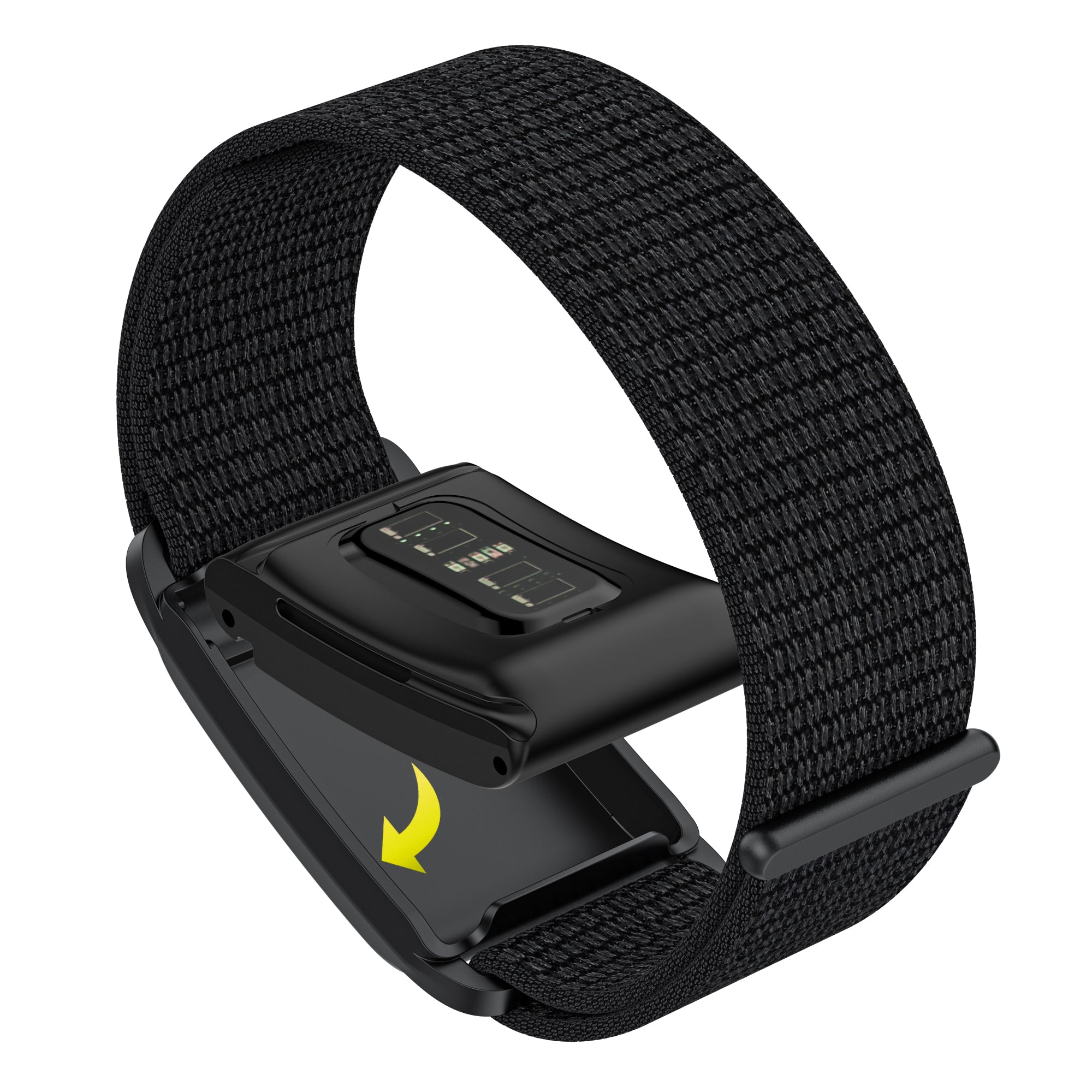 Black fabric sports loop strap with yellow lightning logo buckle and digital display fitness tracker band