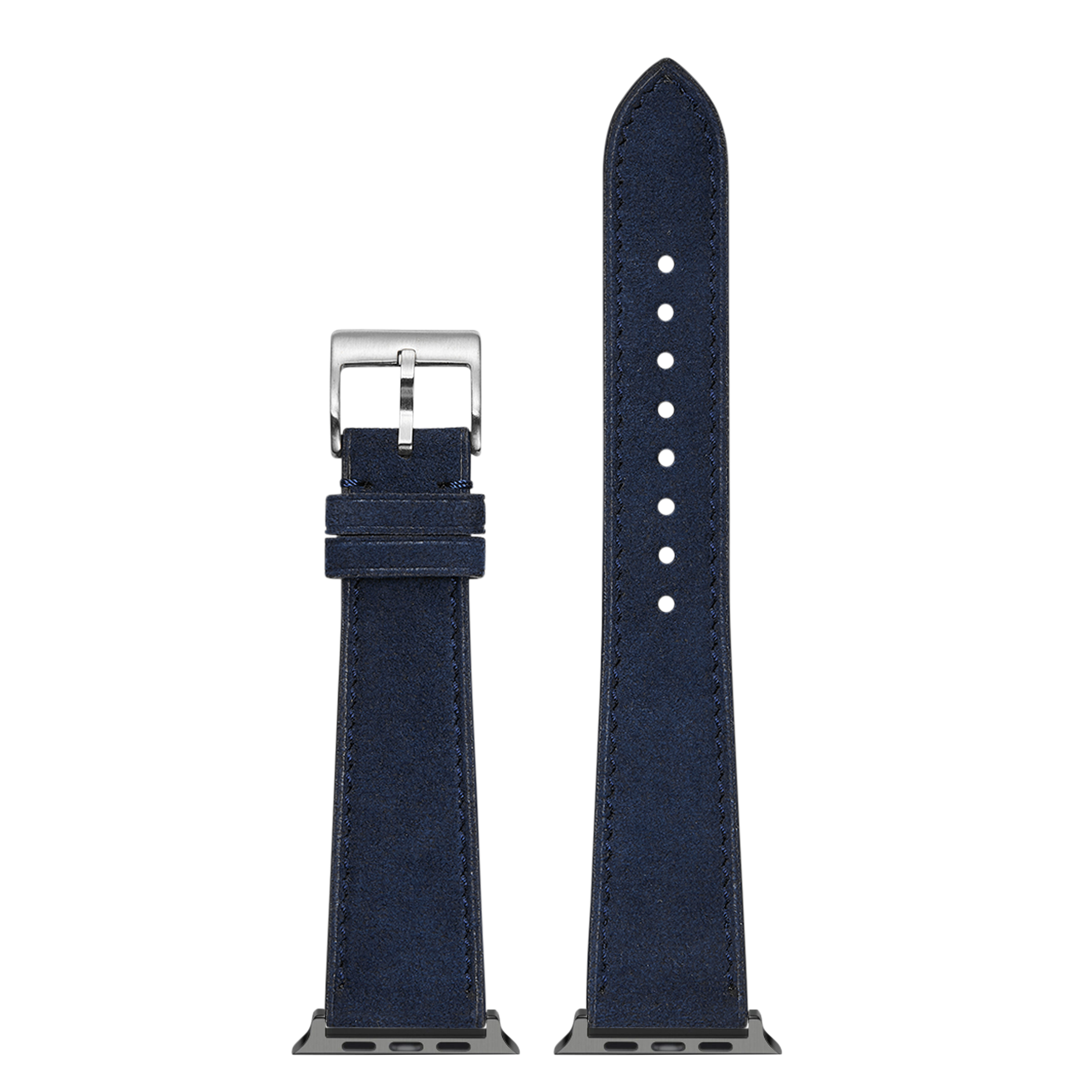 Navy blue Alcantara leather Apple Watch band with silver buckle and connector adaptors shown flat lay
