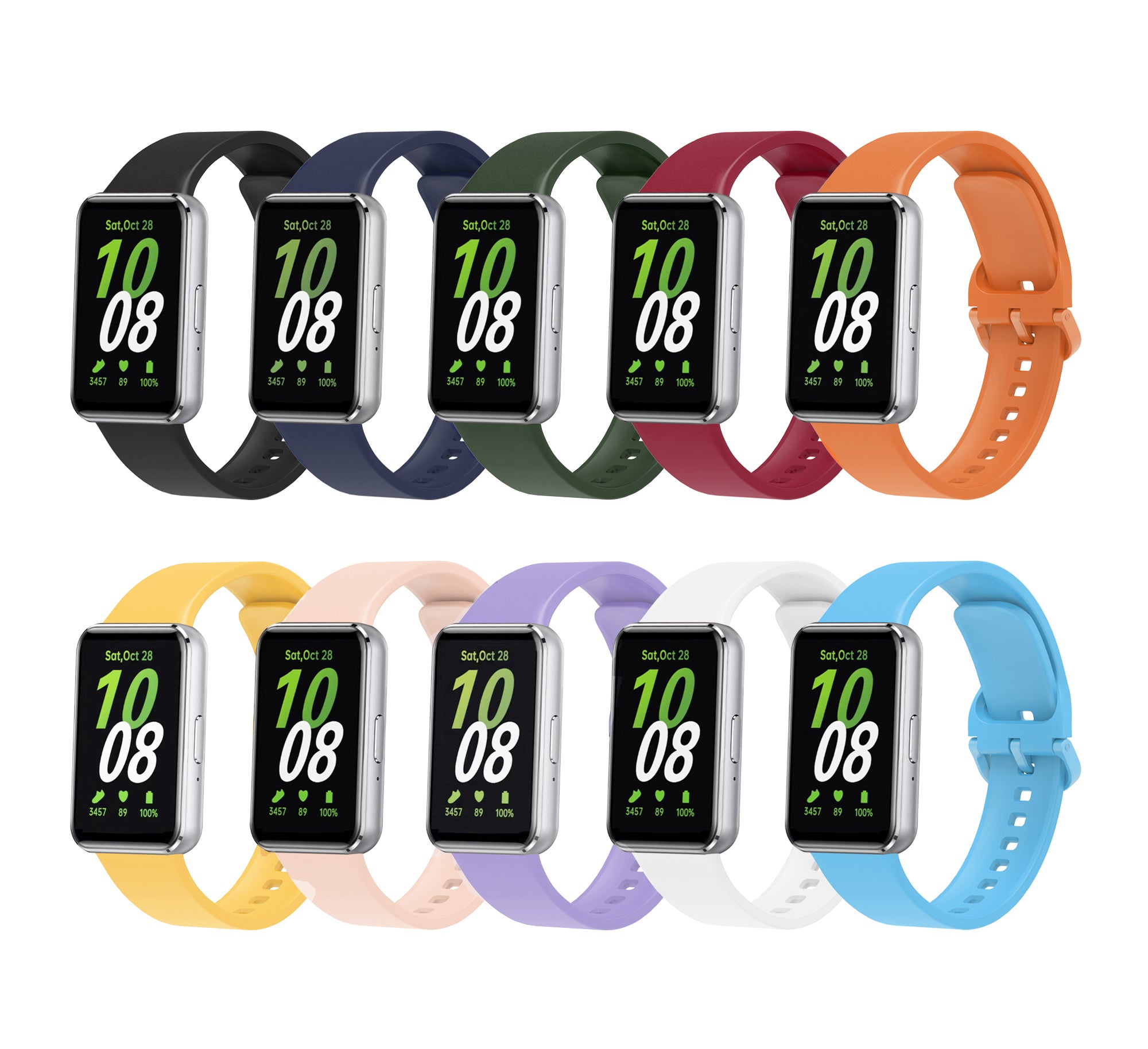 Galaxy Fit3 smartwatch with interchangeable silicone bands in black, navy, green, burgundy, orange, yellow, pink, purple, white, and blue colors