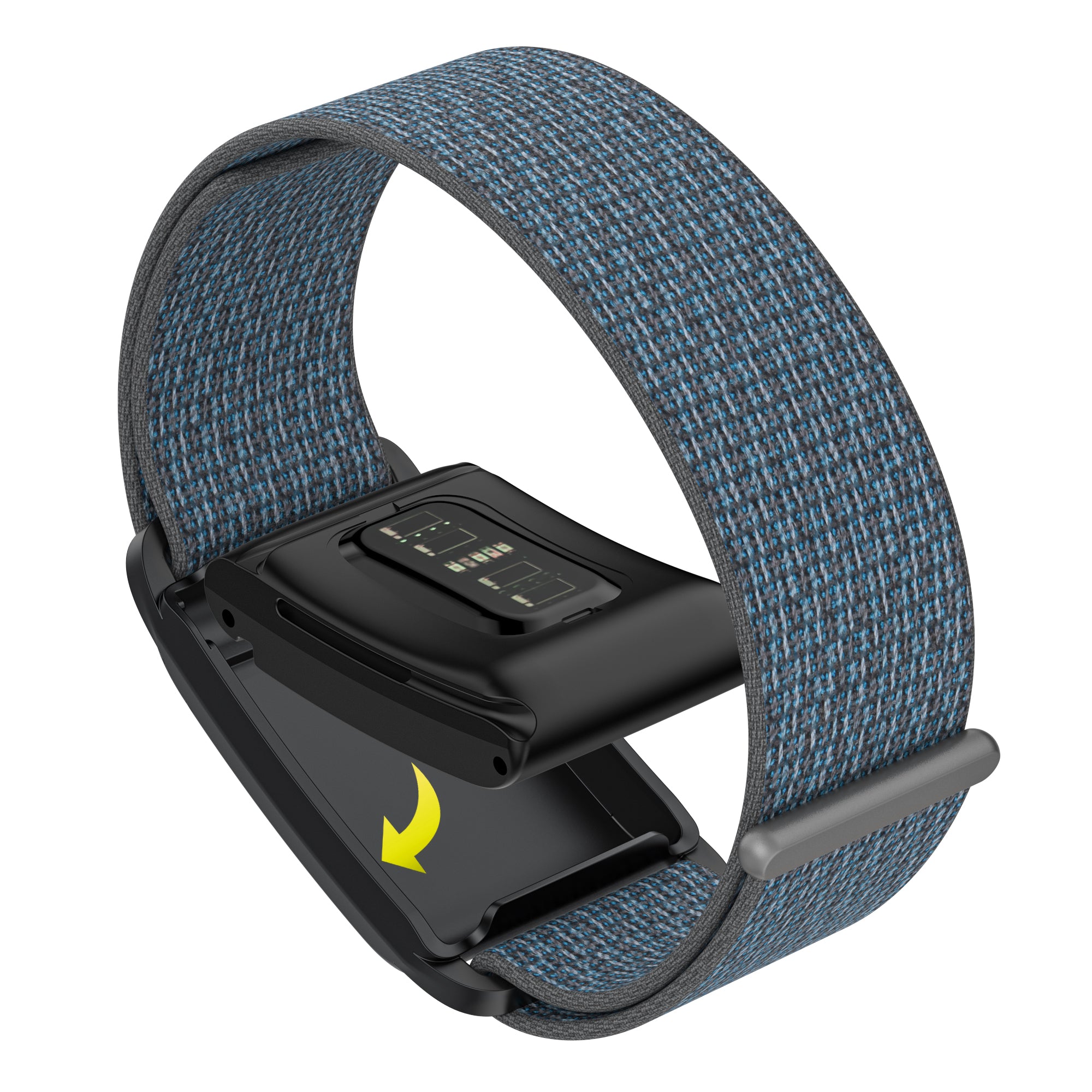 Whoop 4 fitness tracker with blue textile sports loop band and black buckle closure on white background