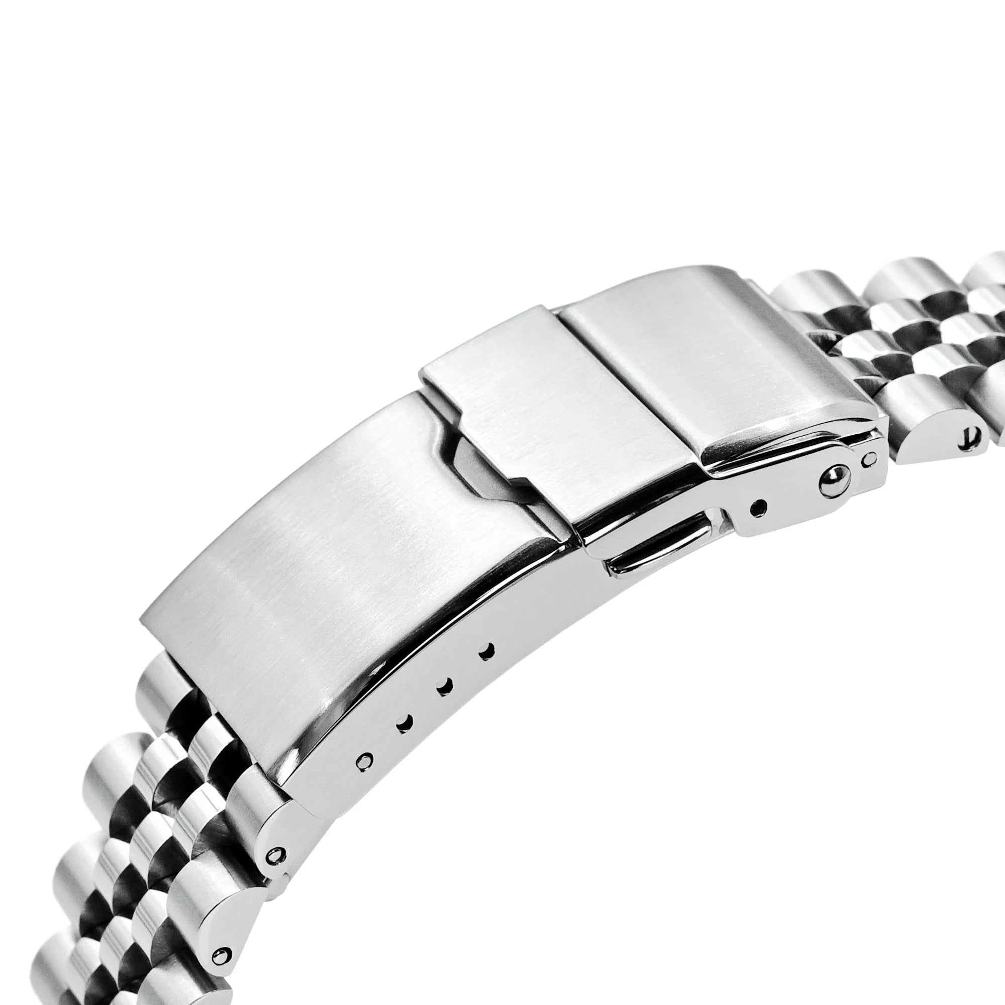 Stainless steel Super-JUB II watch band bracelet for Orient Mako 40 with 20mm width, polished metal links and fold-over clasp