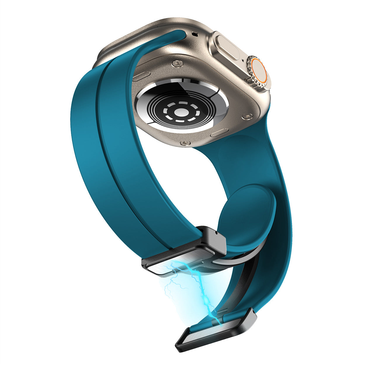 Teal silicone smartwatch band with magnetic deployant clasp and stainless steel case connector