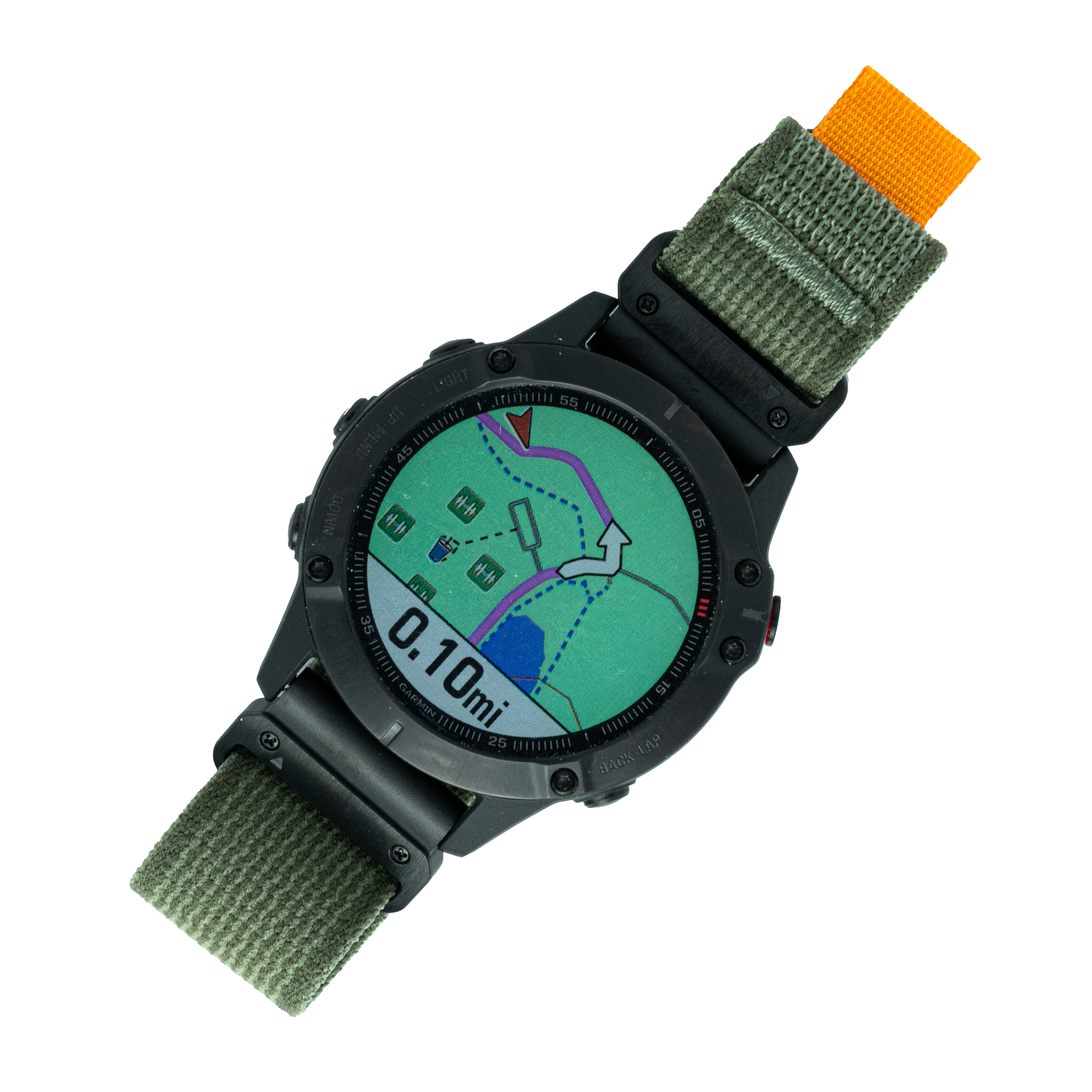 Black tactical smartwatch with green fabric strap displaying GPS map navigation interface and 0.10mi distance on screen