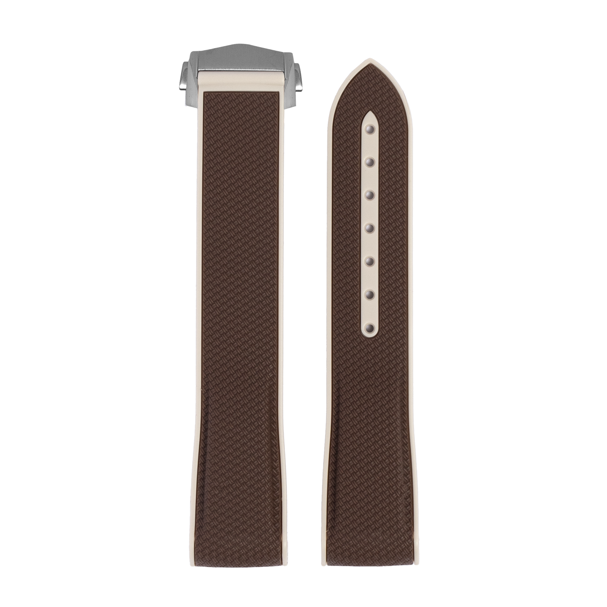 Brown textured hybrid watch strap with cream trim and metal deployment clasp for Omega MoonSwatch Saturn