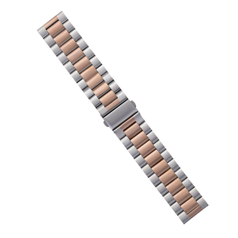 Two-tone stainless steel watch bracelet with rose gold and silver links, quick release deployment clasp