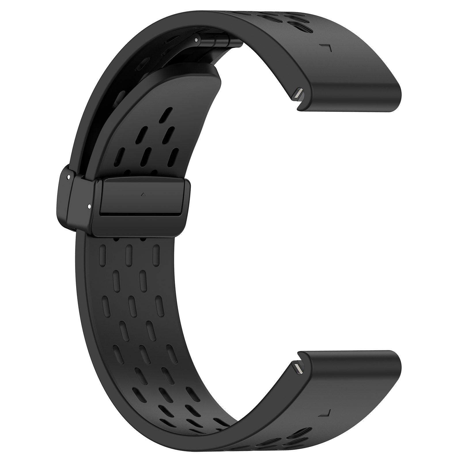 Black silicone QuickFit watch band with magnetic clasp and perforated design for breathability