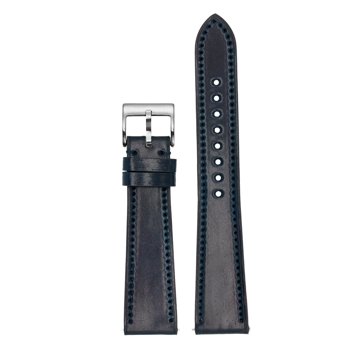 Navy blue Horween Shell Cordovan leather watch band with silver buckle and contrast stitching for Galaxy Watch 8 Ultra