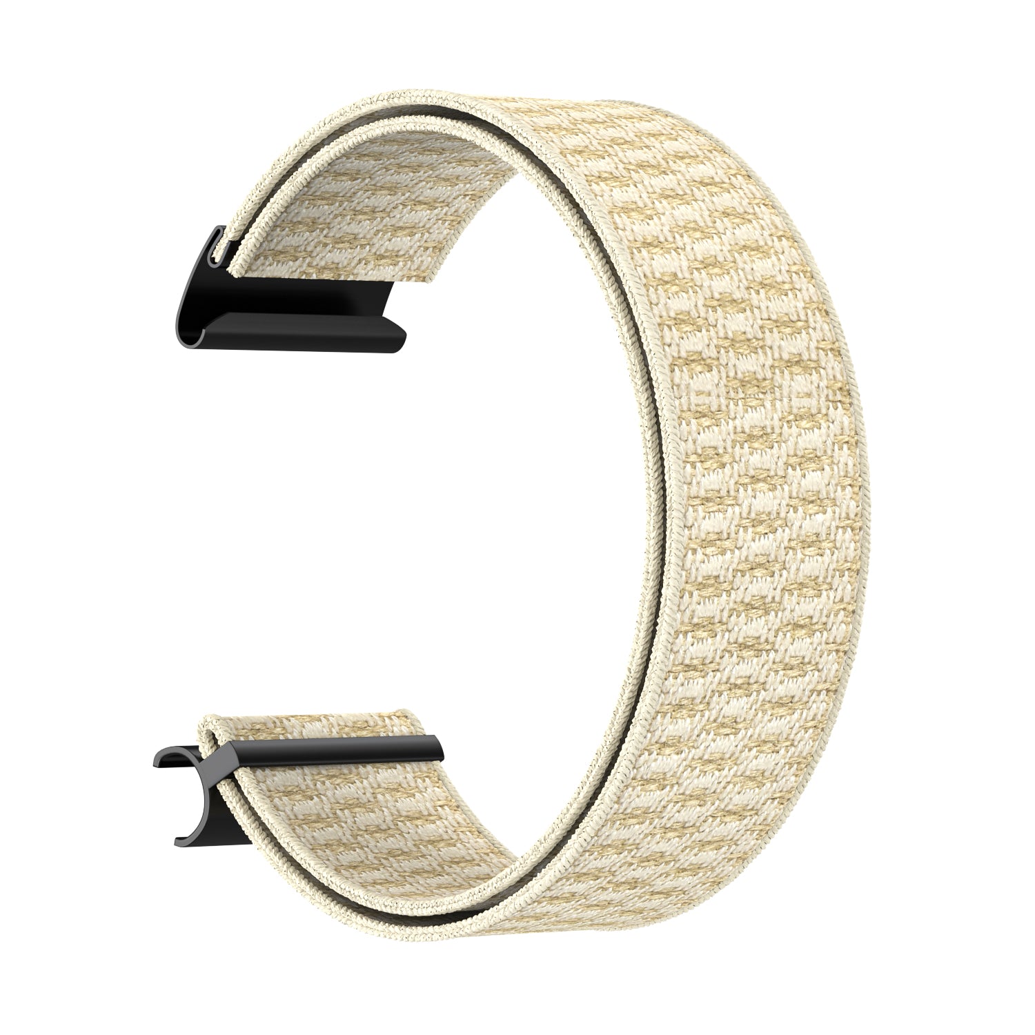 Beige knit fabric strap for Whoop 4 fitness tracker with black plastic connector tabs and buckle closure