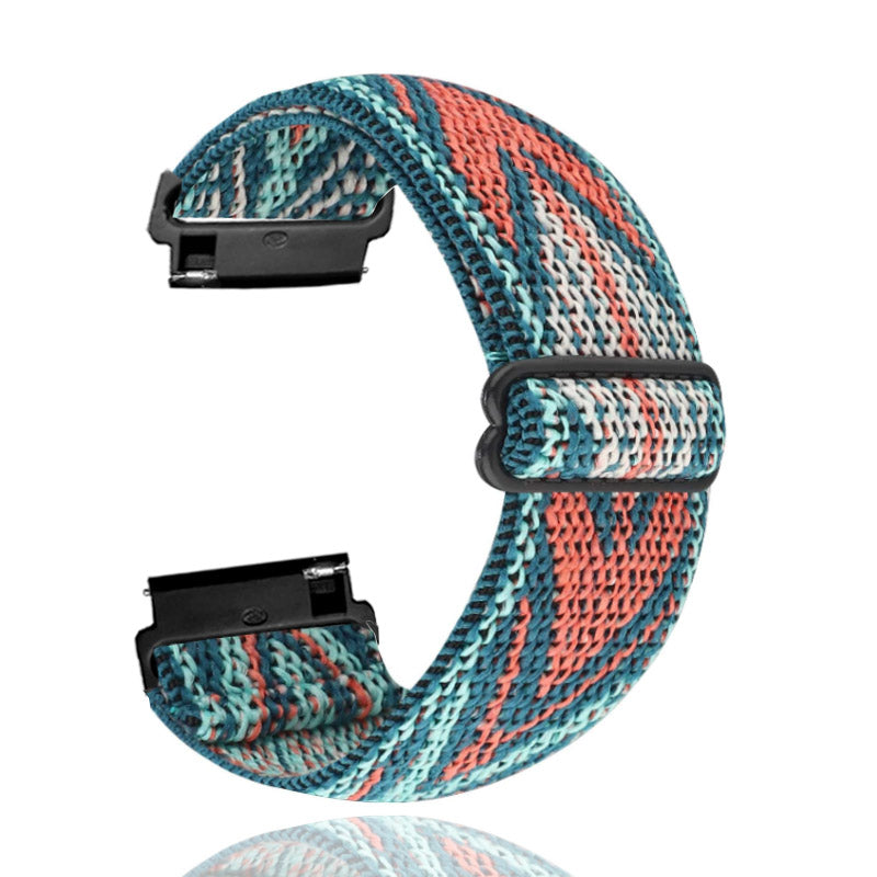 Woven elastic smartwatch band with quick release connectors in teal, coral and cream geometric pattern