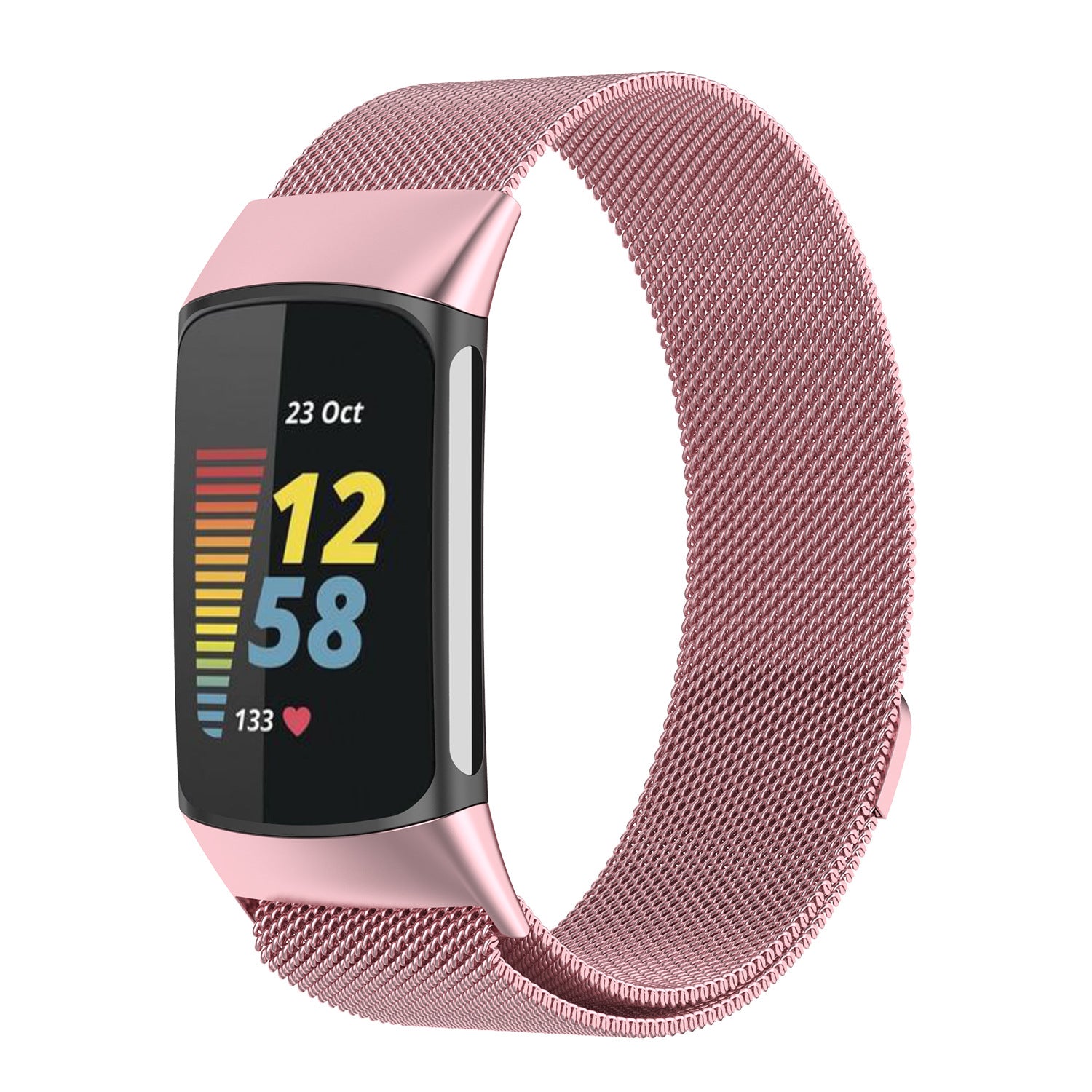 Rose pink Milanese mesh band for Fitbit Charge 5 and 6 fitness tracker with stainless steel connector