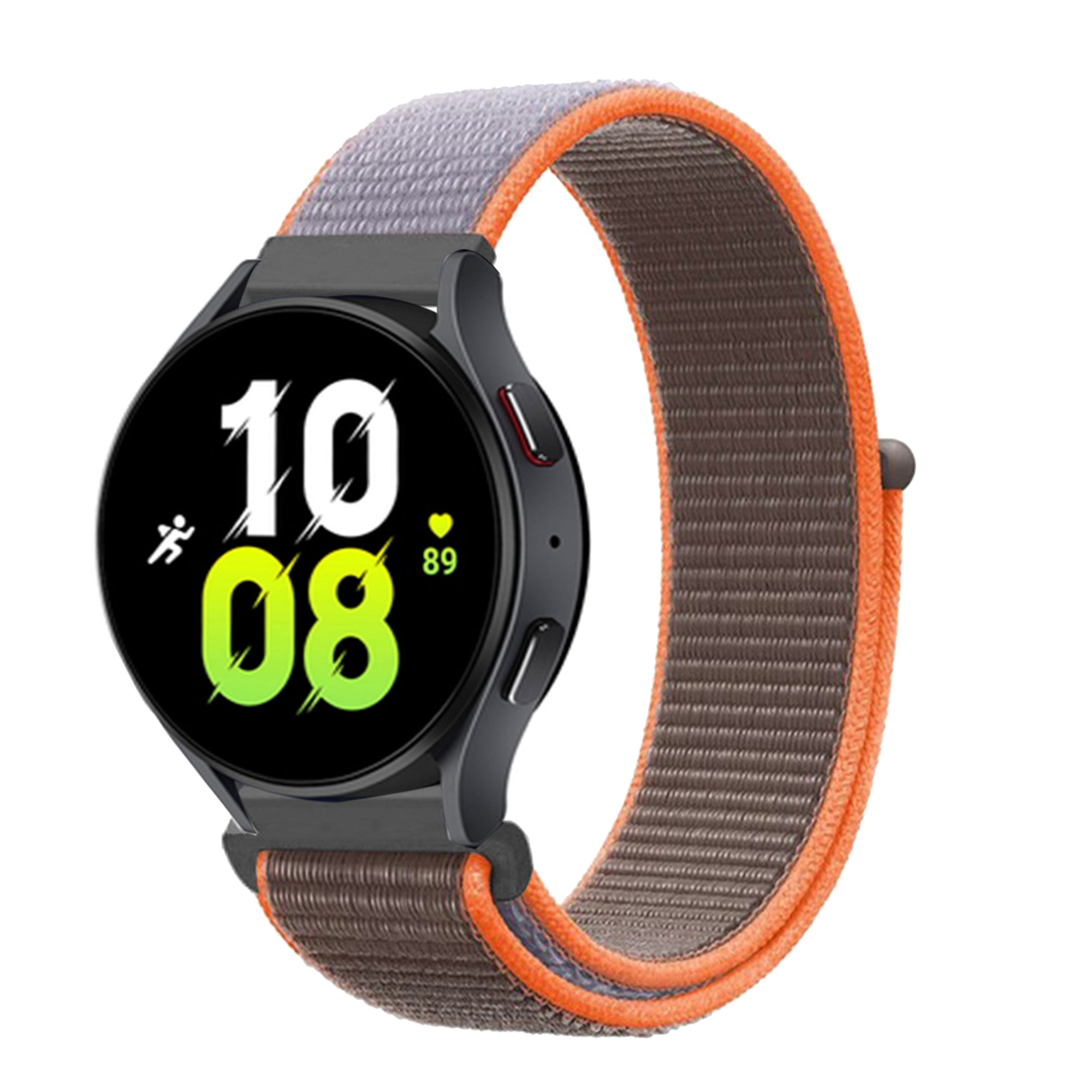 Black smartwatch with gray and orange nylon sports loop velcro band, displaying time 10:08 and fitness metrics