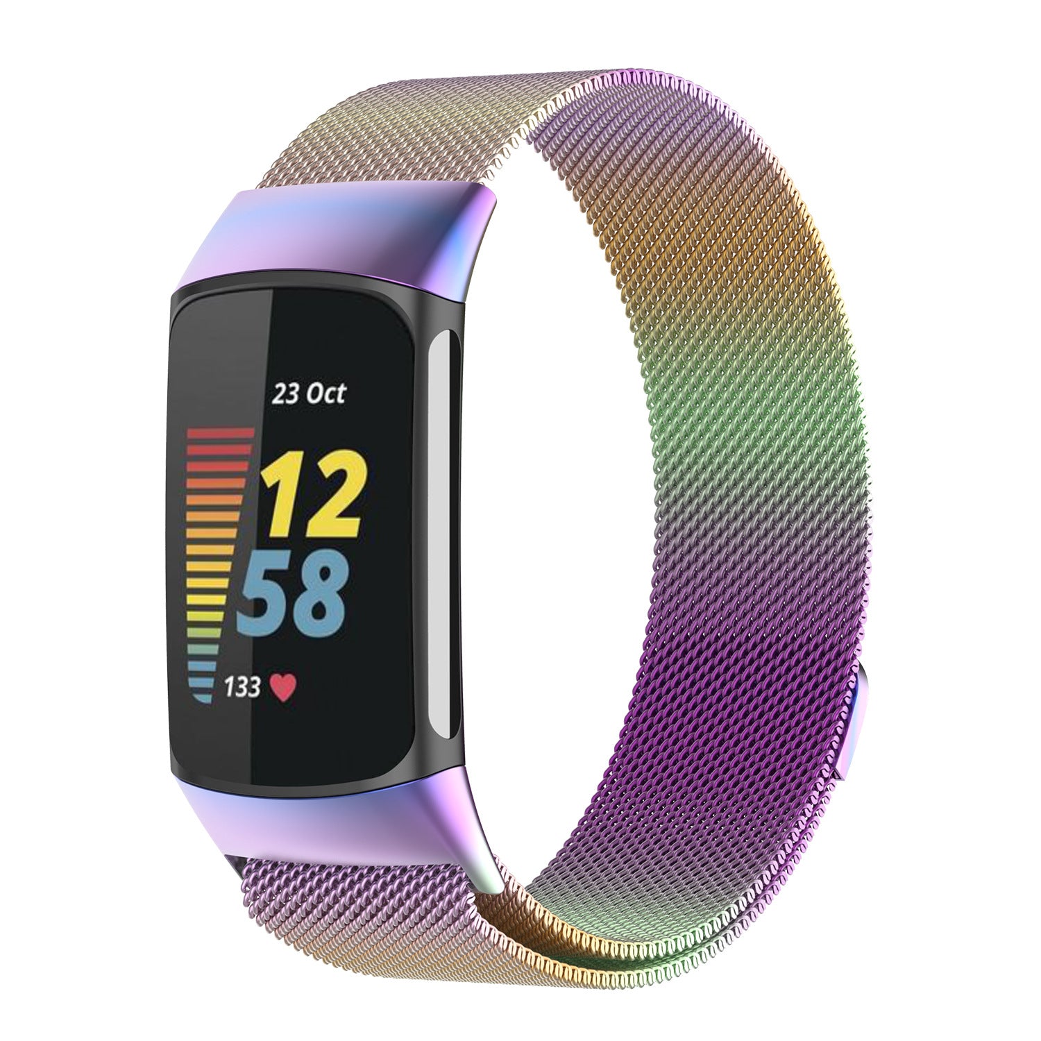 Fitbit Charge 5 fitness tracker with iridescent chameleon milanese mesh band displaying time and heart rate