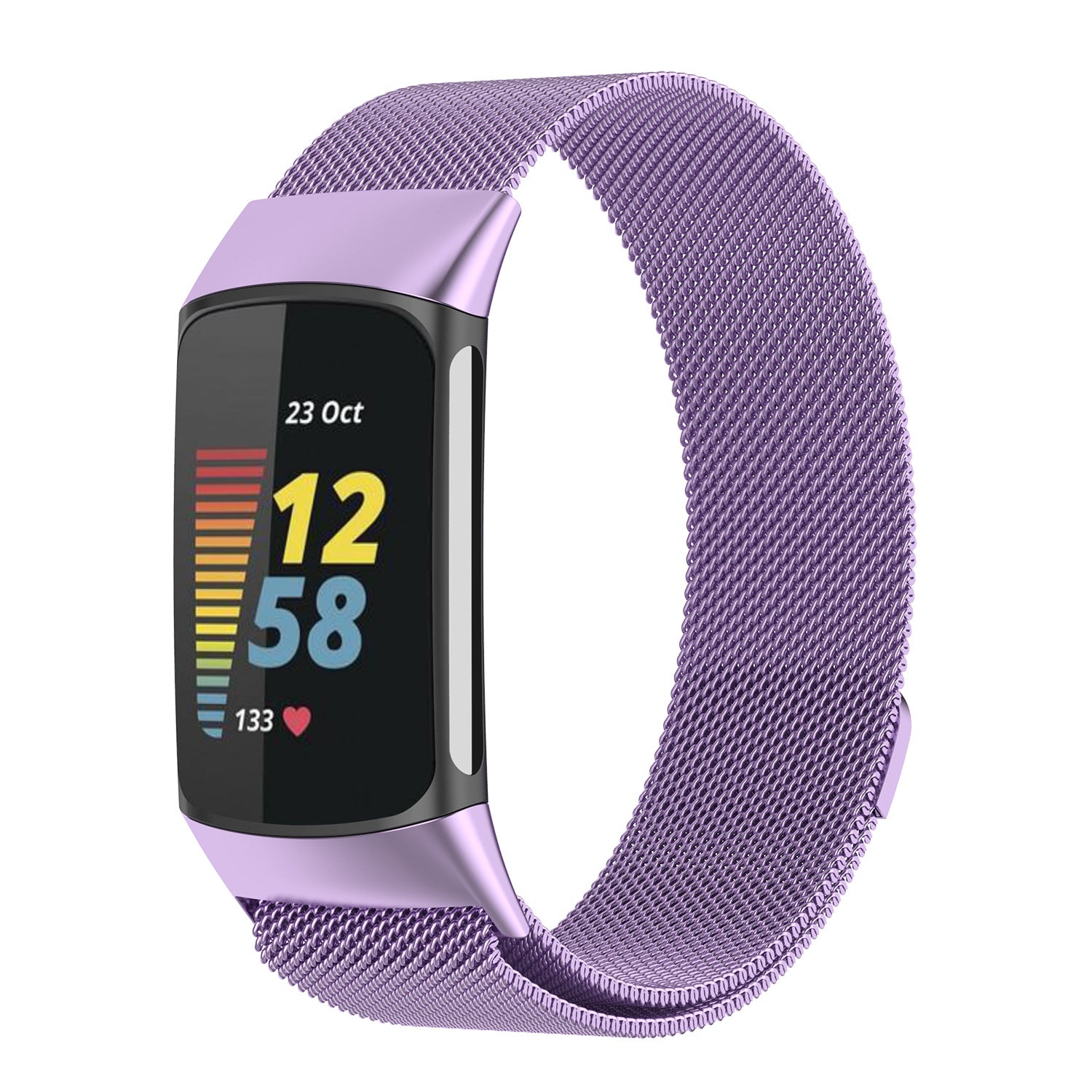 Purple Milanese mesh band fitness tracker with AMOLED display showing time, steps, and heart rate monitoring