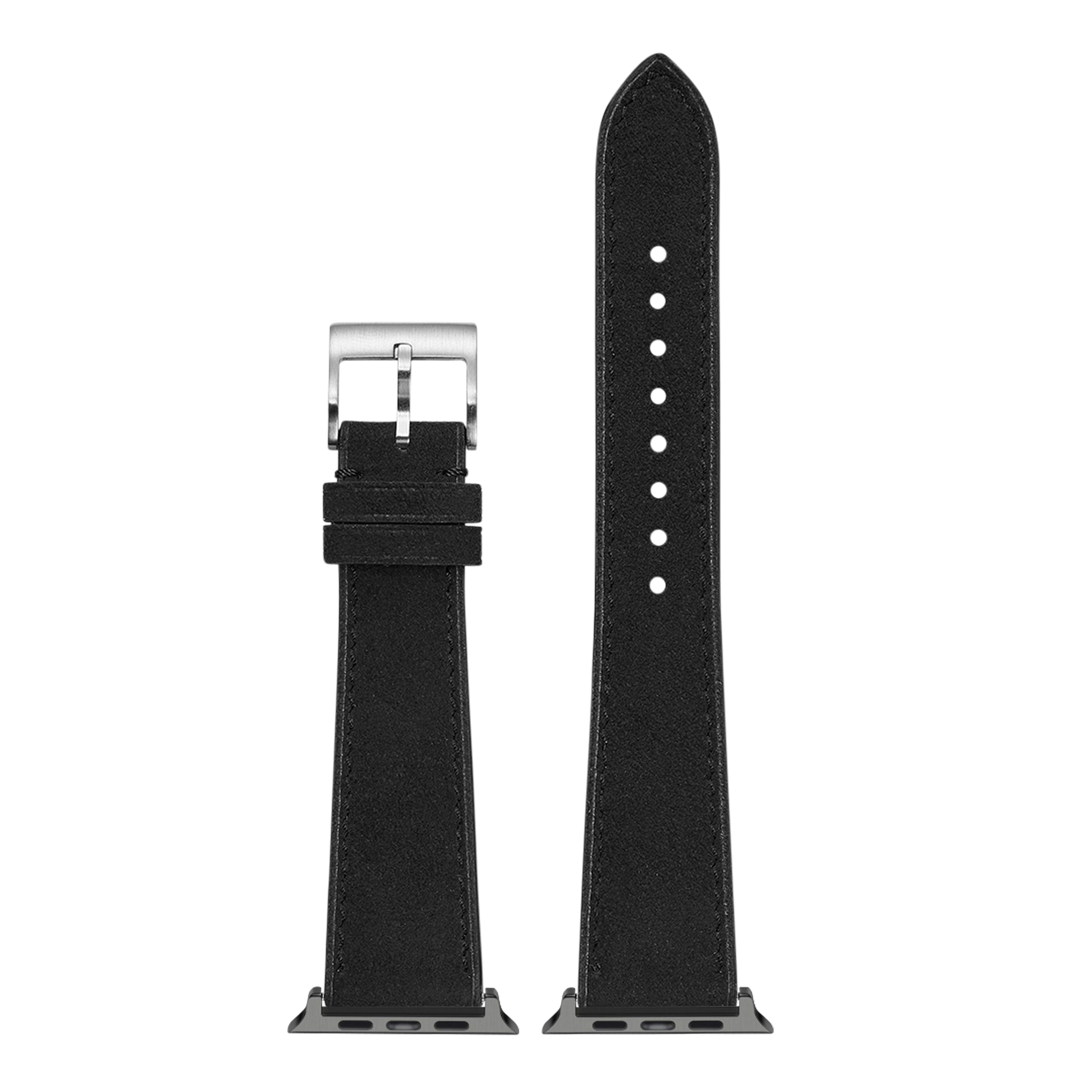 Black Alcantara leather Apple Watch band with silver buckle and connector adapters