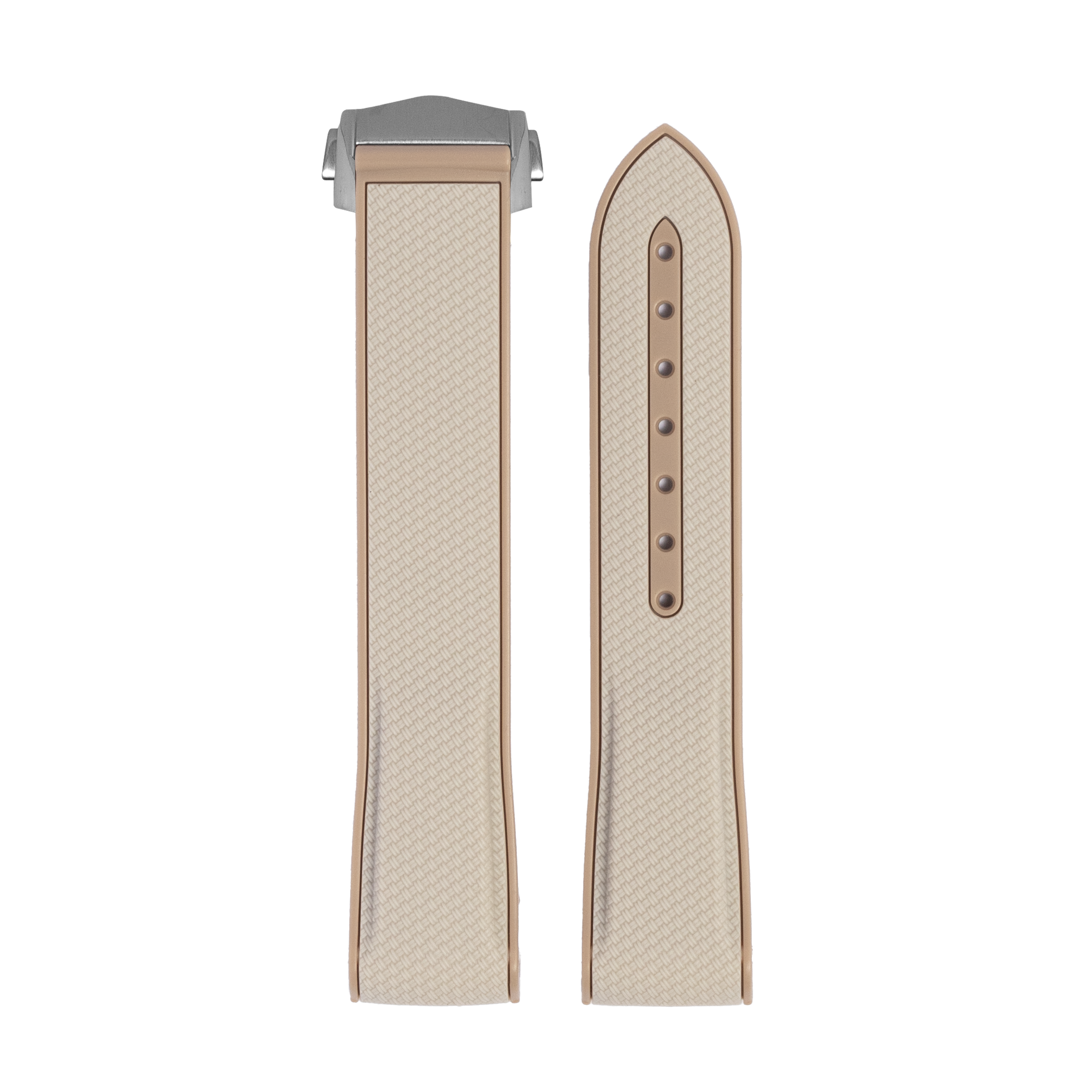 Beige textile and tan leather hybrid watch strap with metal buckle for Omega MoonSwatch Jupiter model