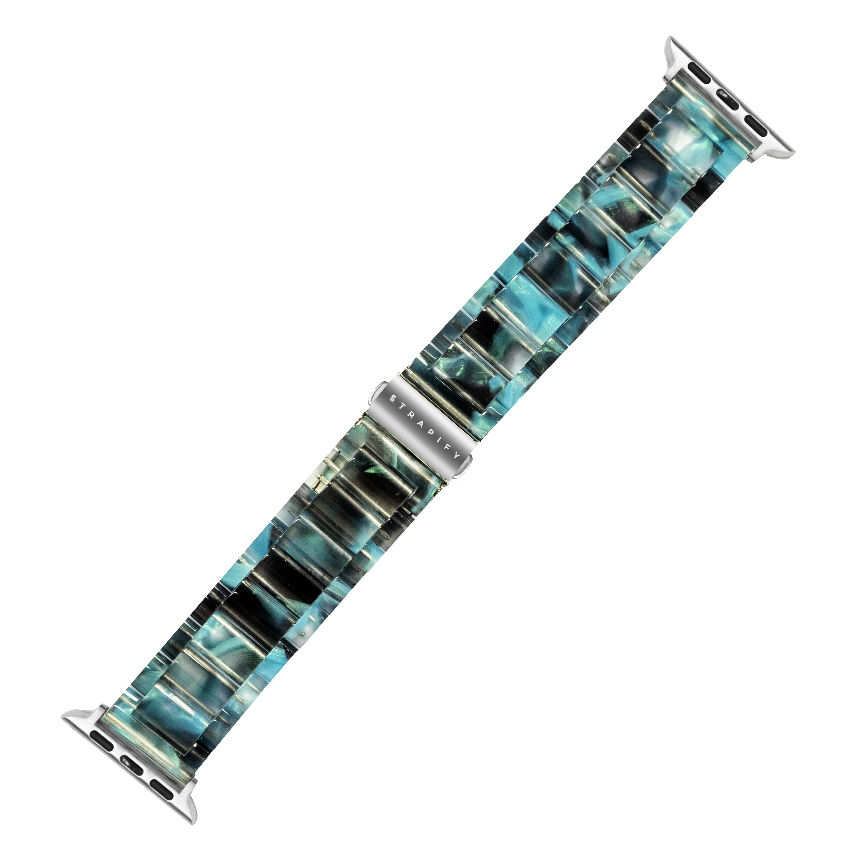 Blue galaxy acetate smartwatch band with quick release connector and silver hardware