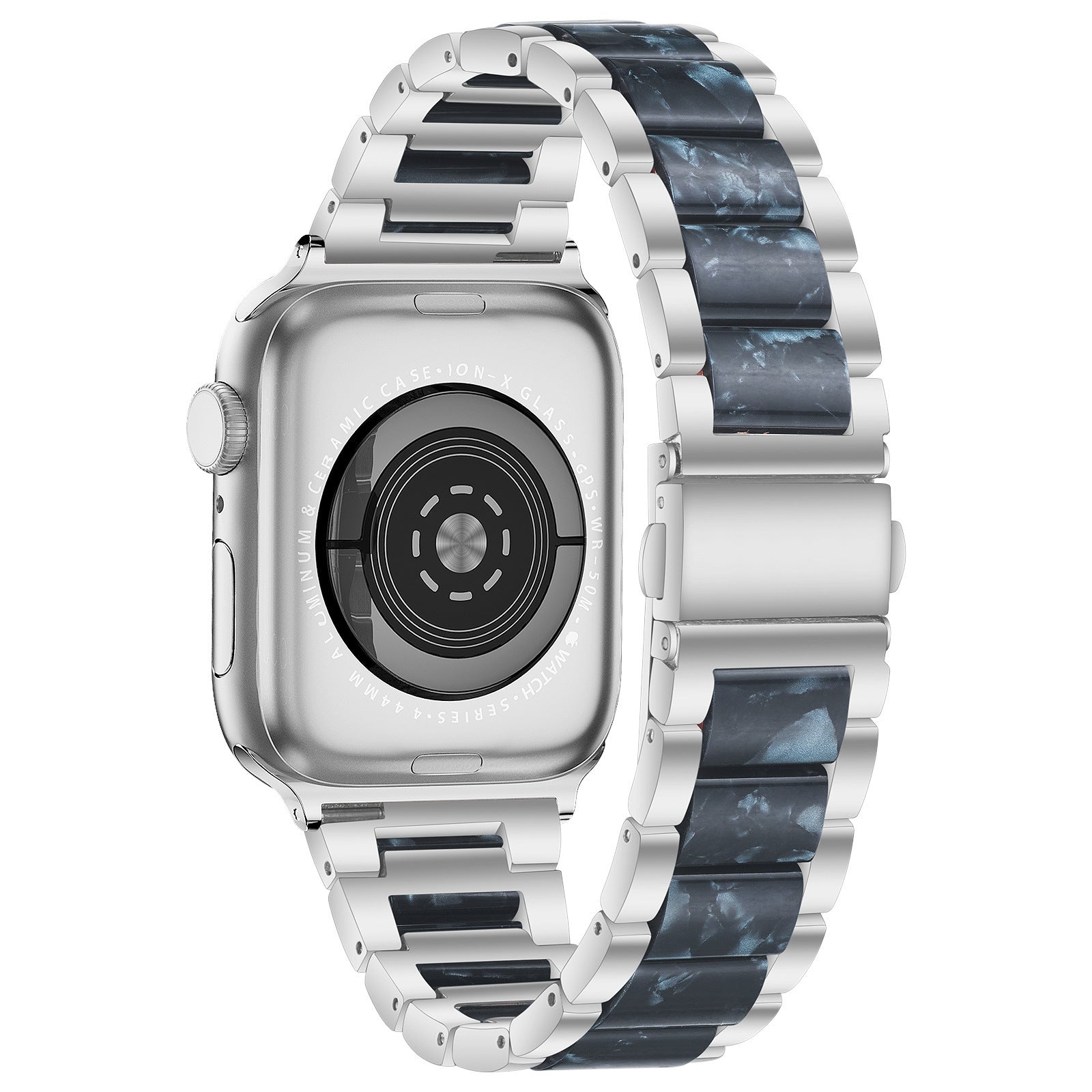 Silver and pearlescent black stainless steel smartwatch bracelet band for Apple Watch with mixed metal link design