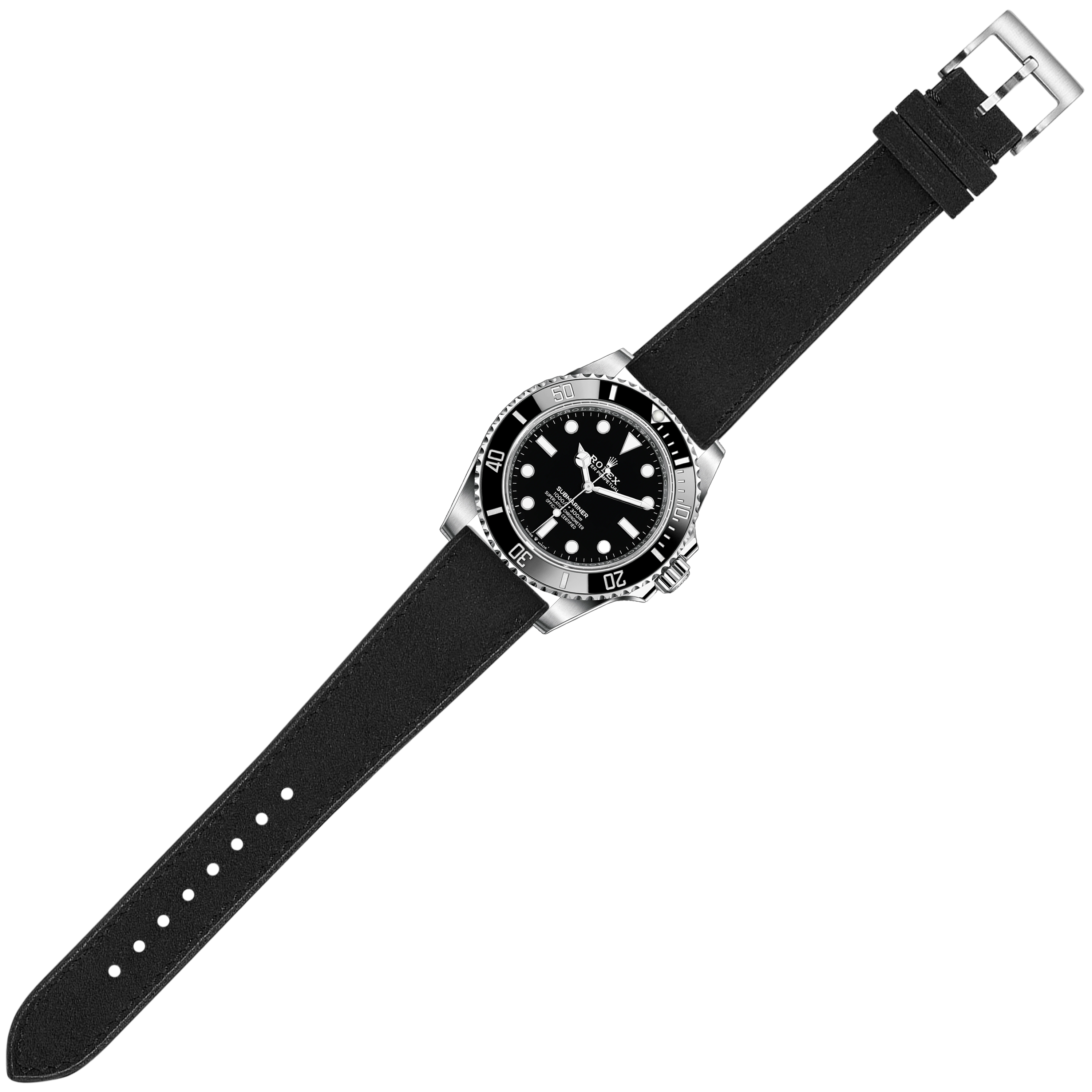 Black Alcantara leather quick release watch strap with stainless steel buckle and adjustment holes, displayed on dive watch