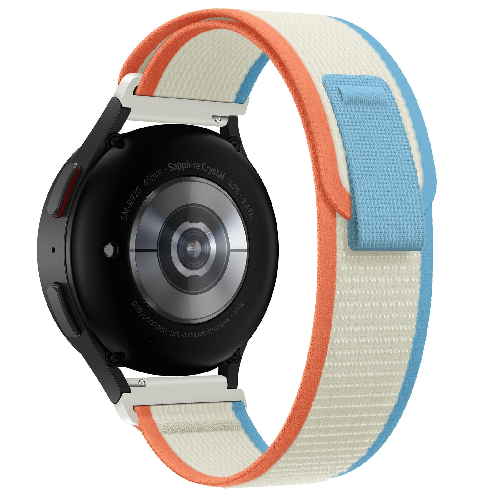 Smartwatch with black round face and colorblock trail loop band in coral, blue and cream fabric with quick release metal connector