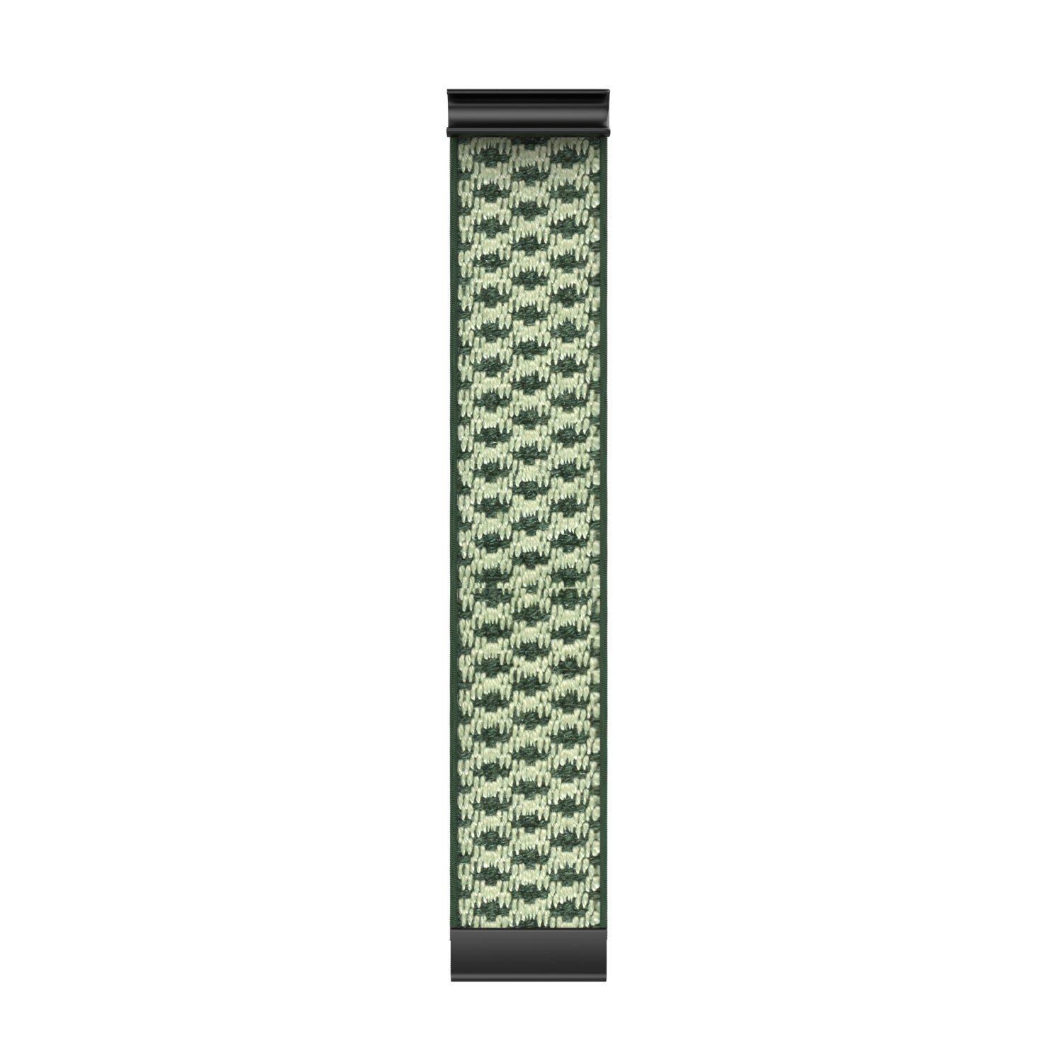 Olive green knit watch strap with repeating forest tree pattern and black hardware attachment bars