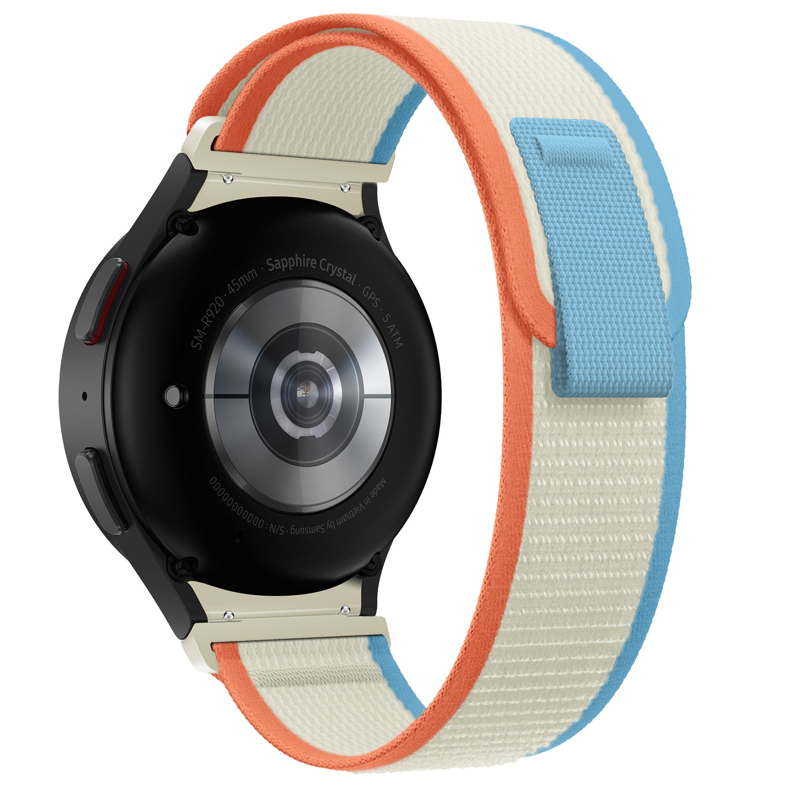 Galaxy Watch 4-7 with colorful trail loop band in blue, cream, and coral fabric material