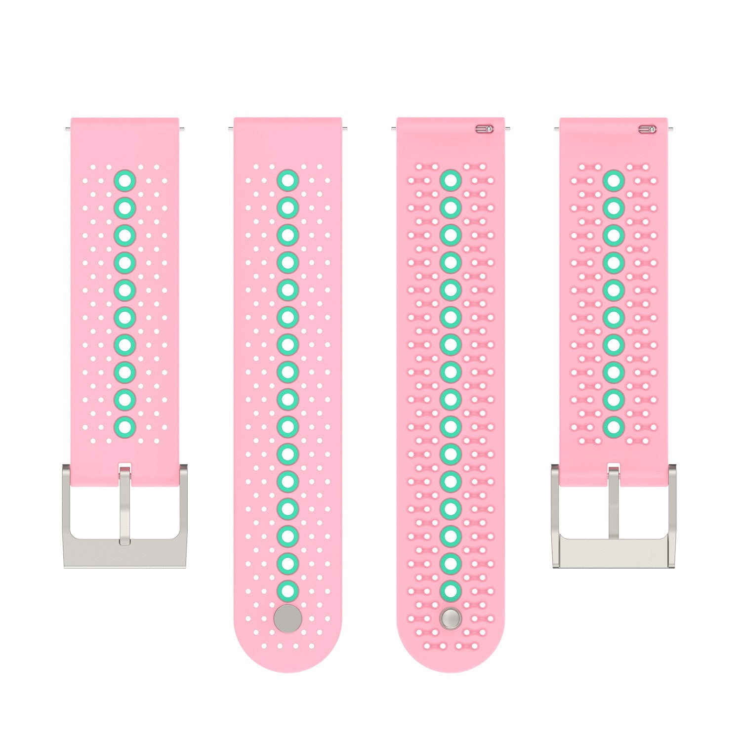 Pink silicone sport watch band with turquoise accents and perforated design, quick release compatible
