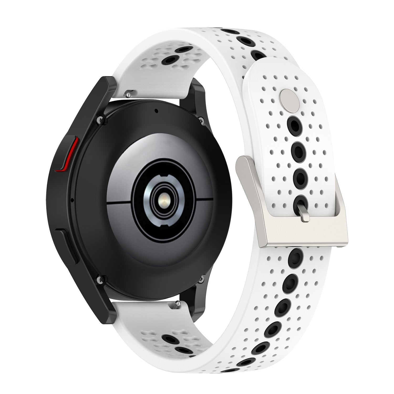 Quick Release Flexi Sports silicone smartwatch band in white with perforated ventilation holes and metal buckle closure