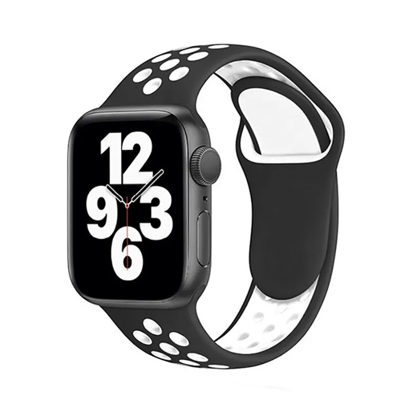 Black and white perforated silicone sport band for smart watch with breathable design and secure fit