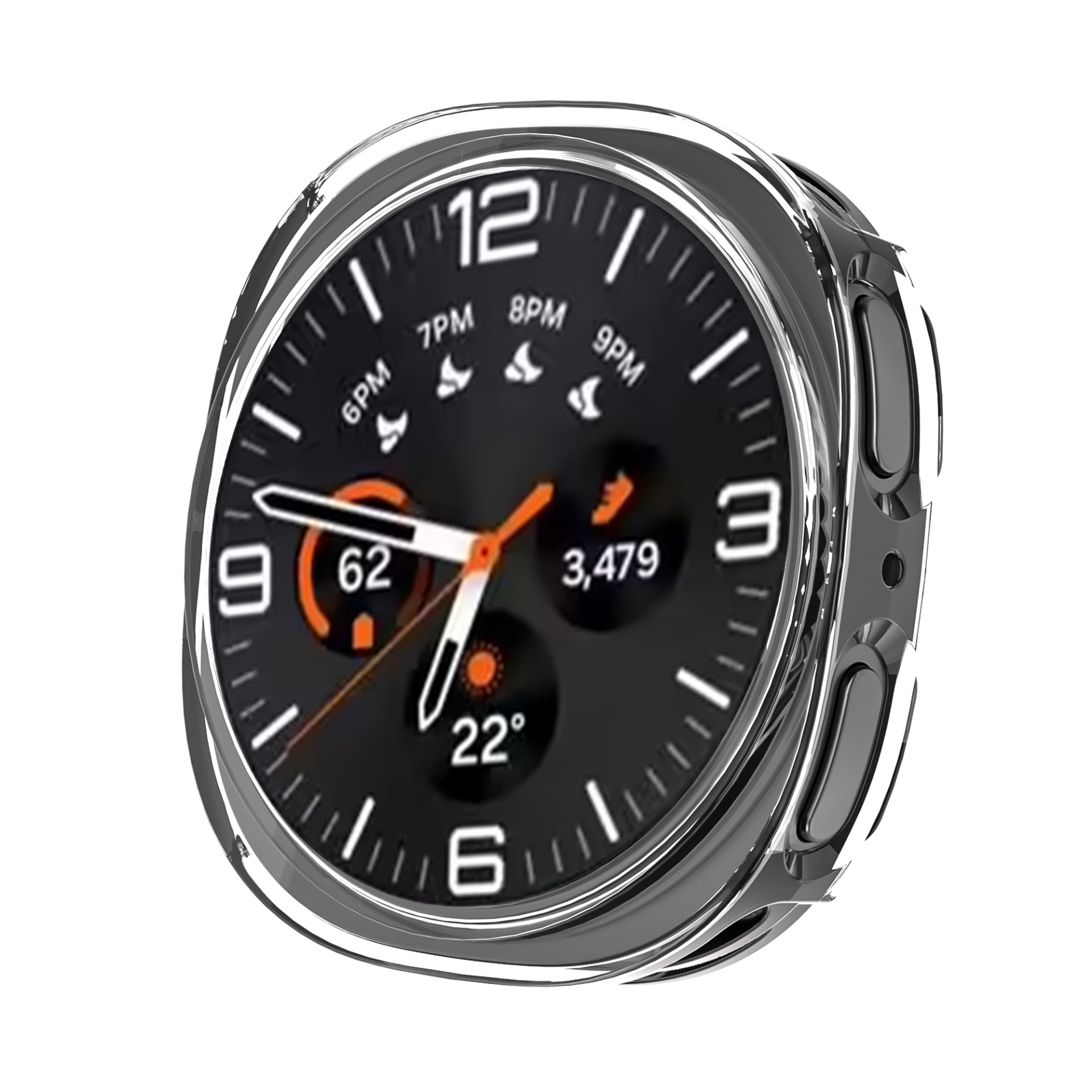 Smartwatch with protective clear case displaying analog watch face, orange accents, and digital health metrics including temperature and steps
