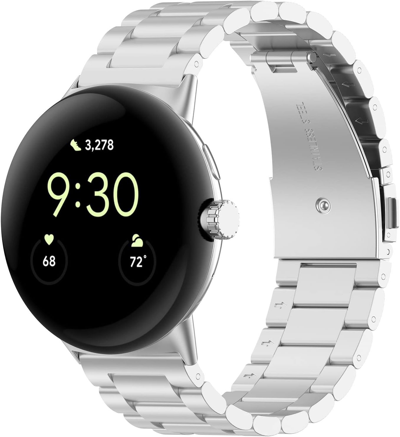 Google Pixel Watch with stainless steel bracelet band in silver, displaying 9:30 time and health metrics on black AMOLED screen