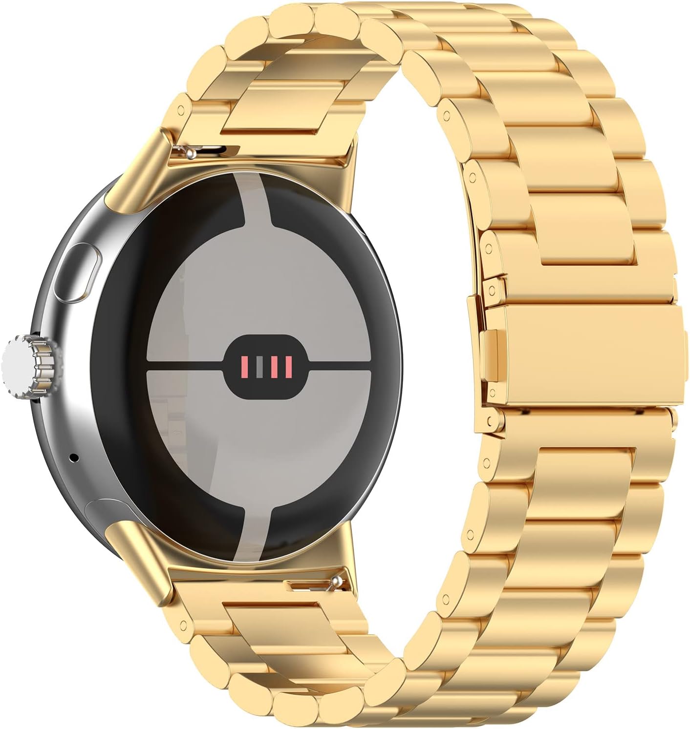 Gold stainless steel bracelet band for Google Pixel smartwatch with polished finish and link design