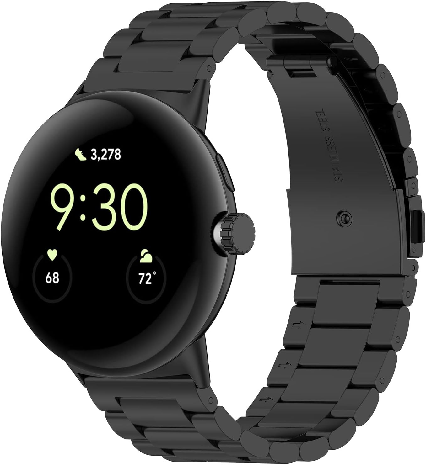 Black stainless steel smartwatch with round AMOLED display showing time 9:30, heart rate and temperature, metal link bracelet