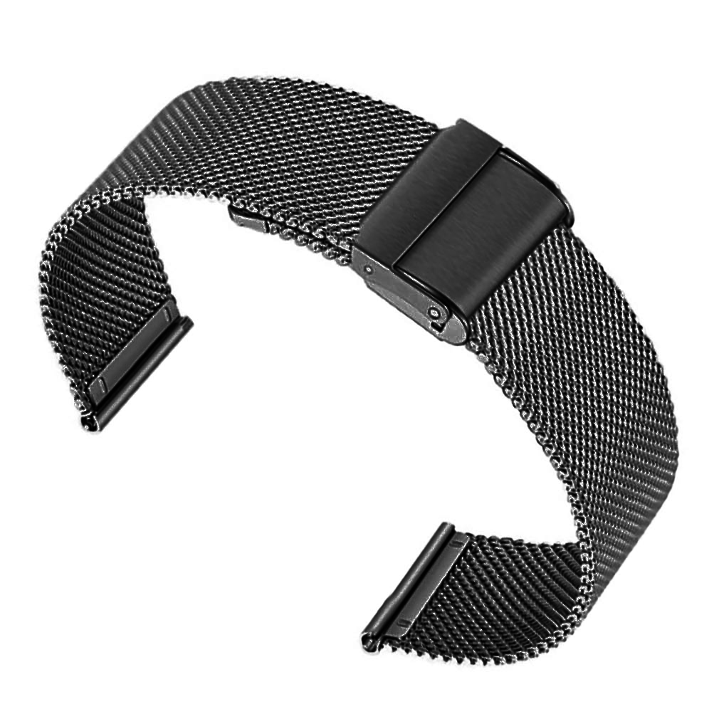 Black stainless steel mesh watch band with safety clasp closure, adjustable universal fit strap