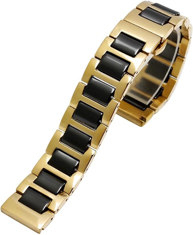 Gold and black ceramic steel bracelet with quick release mechanism and alternating link design