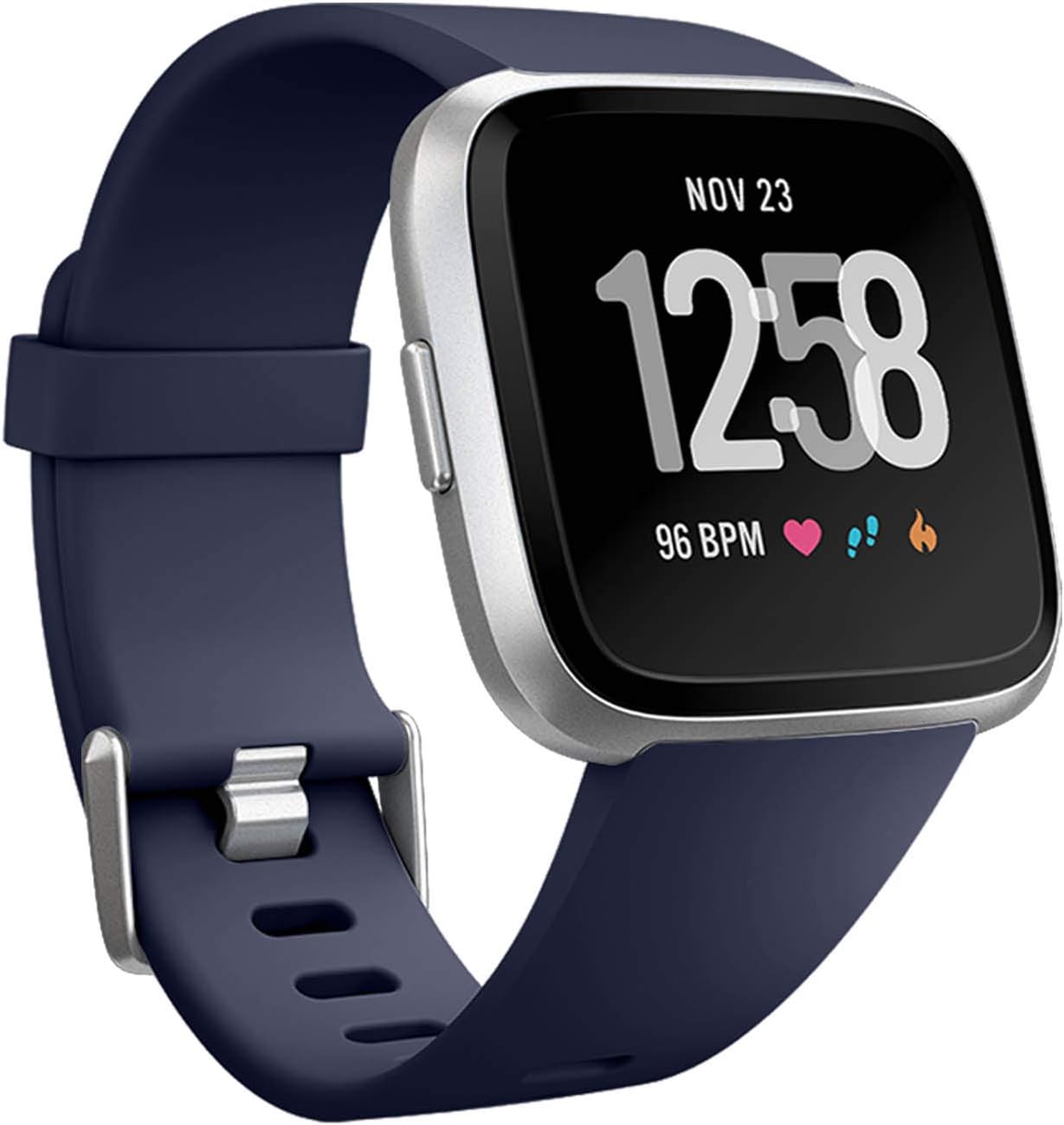Navy blue silicone smartwatch with digital display showing time 12:58, date Nov 23, heart rate 96 BPM, and health metrics icons
