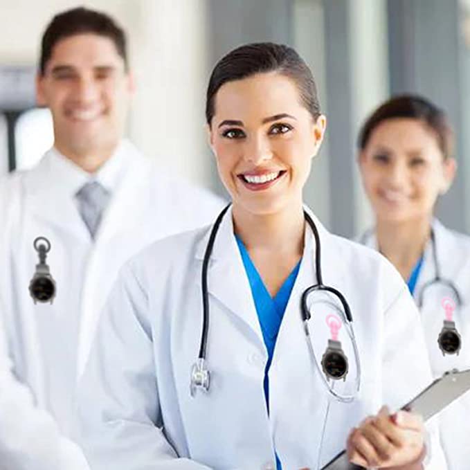 Female doctor in white coat with stethoscope holding clipboard, leading team of healthcare professionals in modern clinic setting