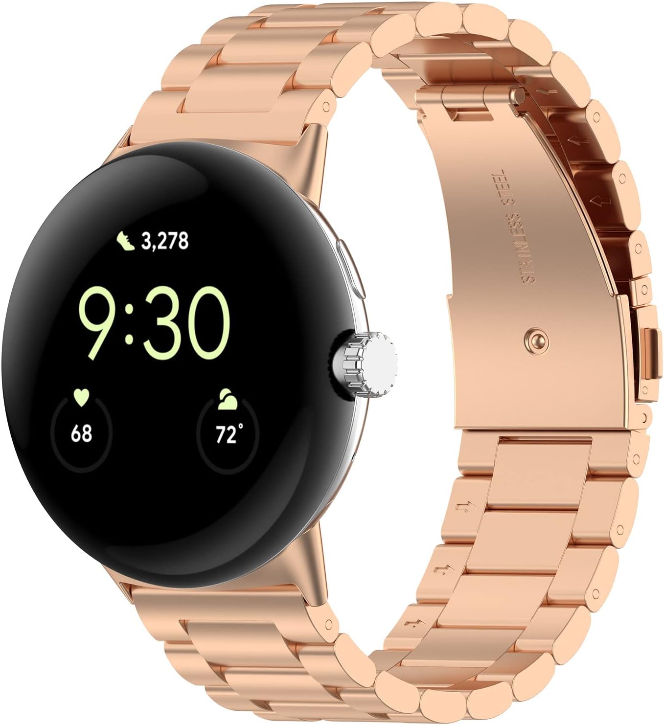 Rose gold stainless steel smartwatch bracelet band with black AMOLED display showing time and health metrics