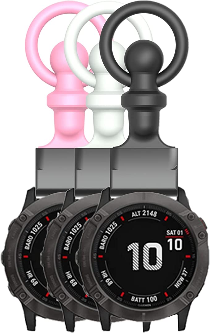 Three QuickFit medical watch bands in pink, white, and black with interchangeable fobs displayed on tactical smartwatch