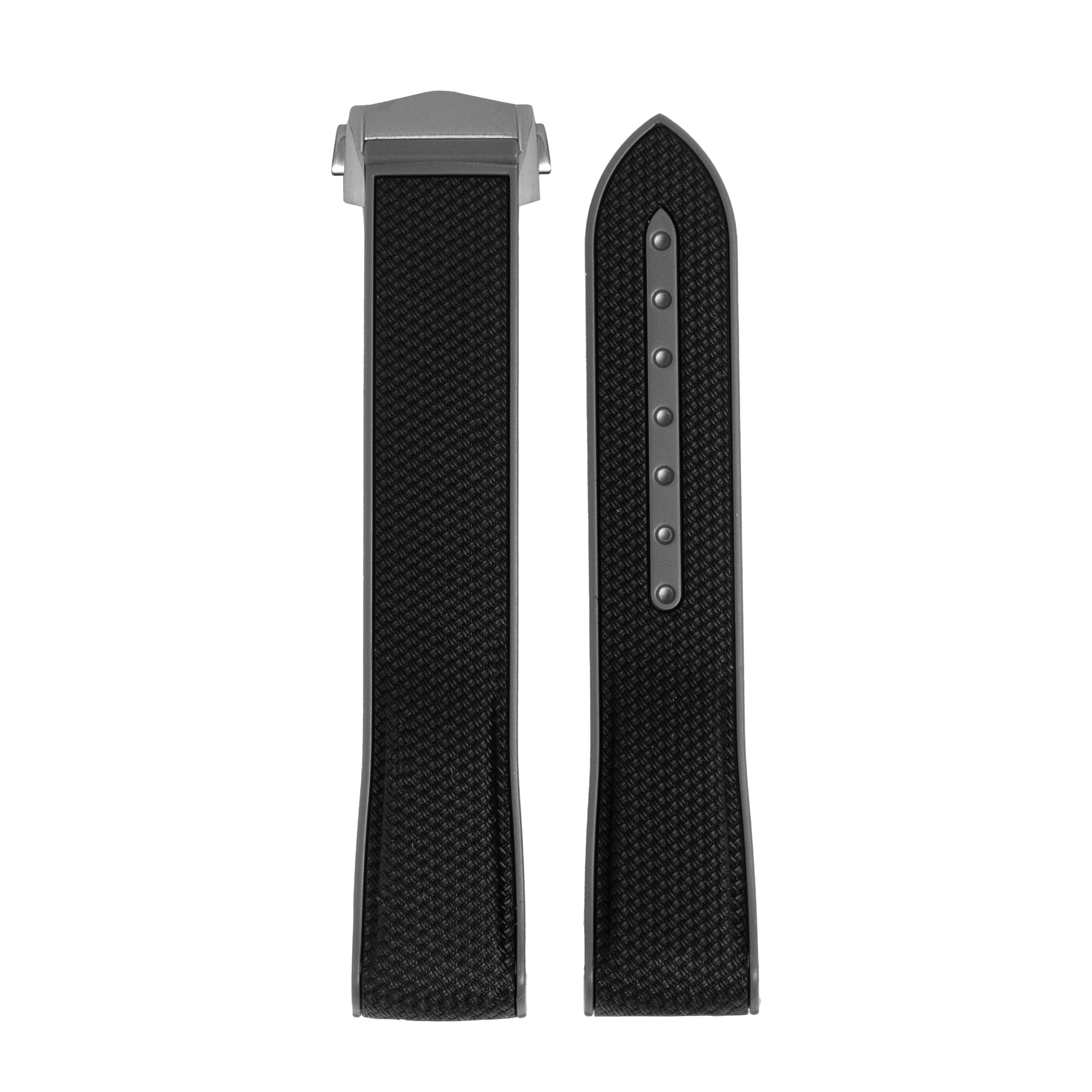 Black textured hybrid rubber watch strap with titanium clasp for Omega MoonSwatch Mercury timepiece