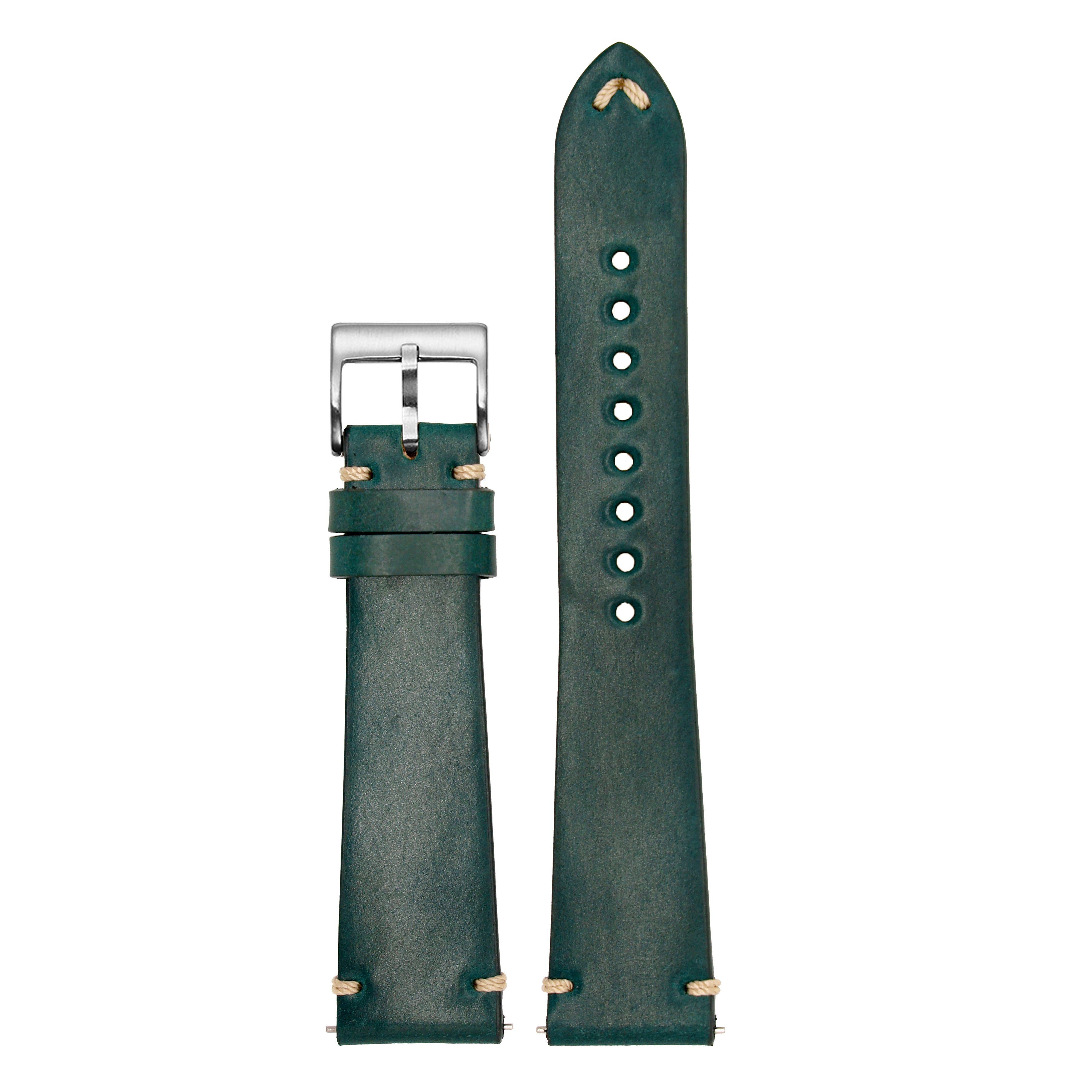 Vintage green Horween Shell Cordovan 20mm watch band with quick-release pins, stainless steel buckle, and tan leather accents