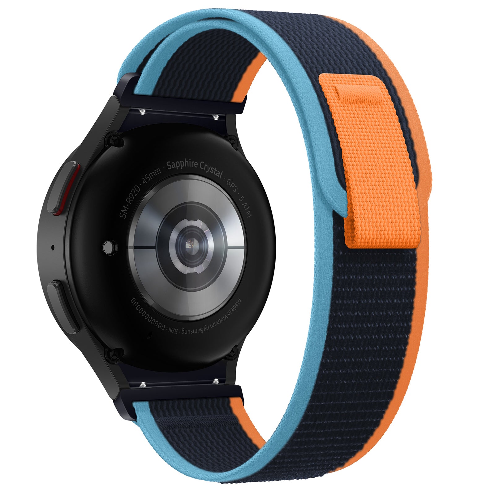 Black smartwatch with blue and orange fabric loop band, sapphire crystal display, GPS sports watch