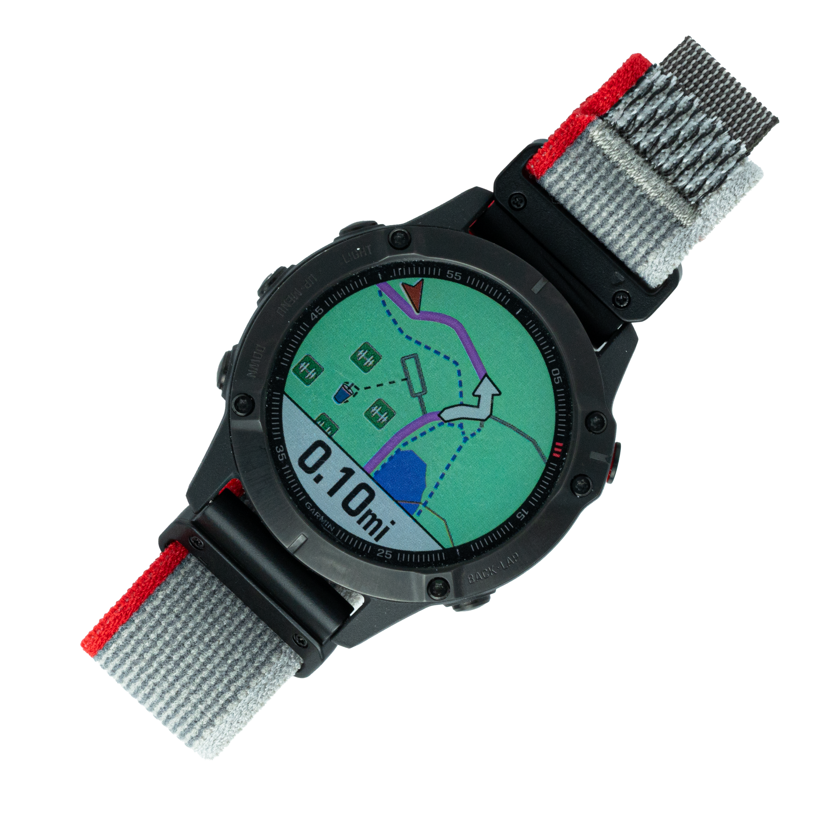 Military tactical smartwatch with GPS map display, red and gray fabric strap, black case showing trail coordinates