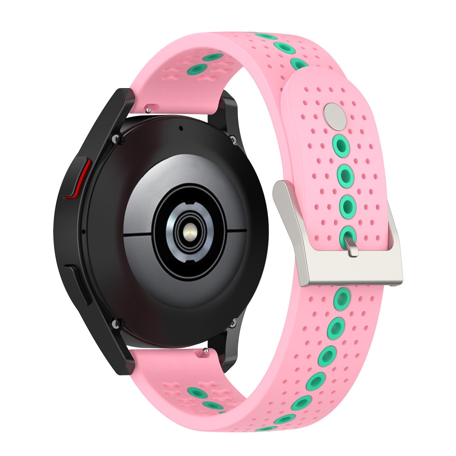 Quick release silicone sport watch band in pink with green accents, compatible with most smartwatch models